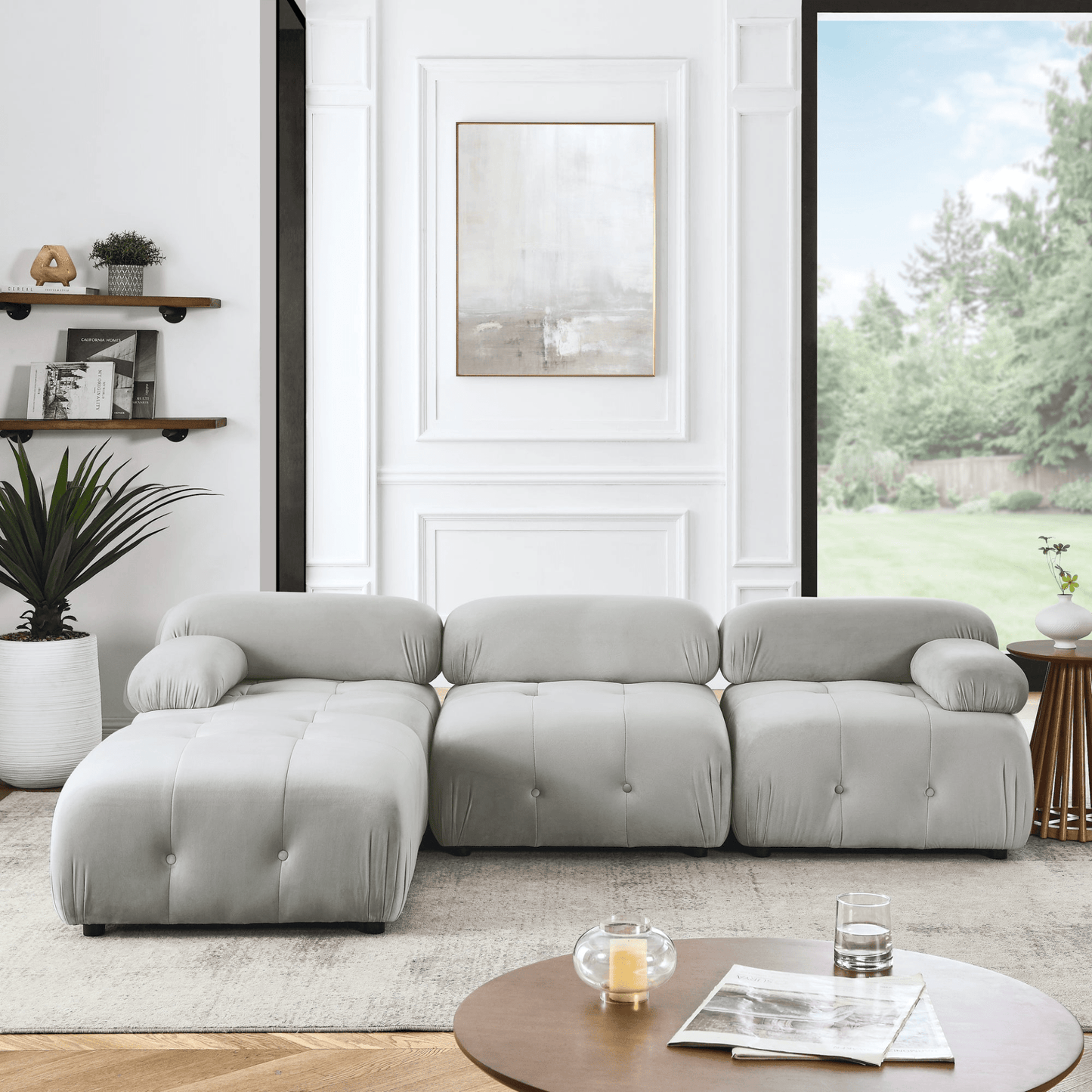 Modular Sectional Sofa - Grey Velvet, Button Tufted, L Shaped with Reversible Ottoman, DIY Combination - CurtisJ Designs