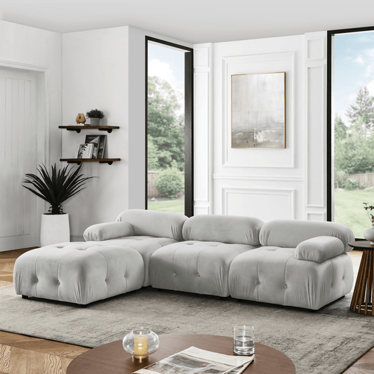 Modular Sectional Sofa - Grey Velvet, Button Tufted, L Shaped with Reversible Ottoman, DIY Combination - CurtisJ Designs