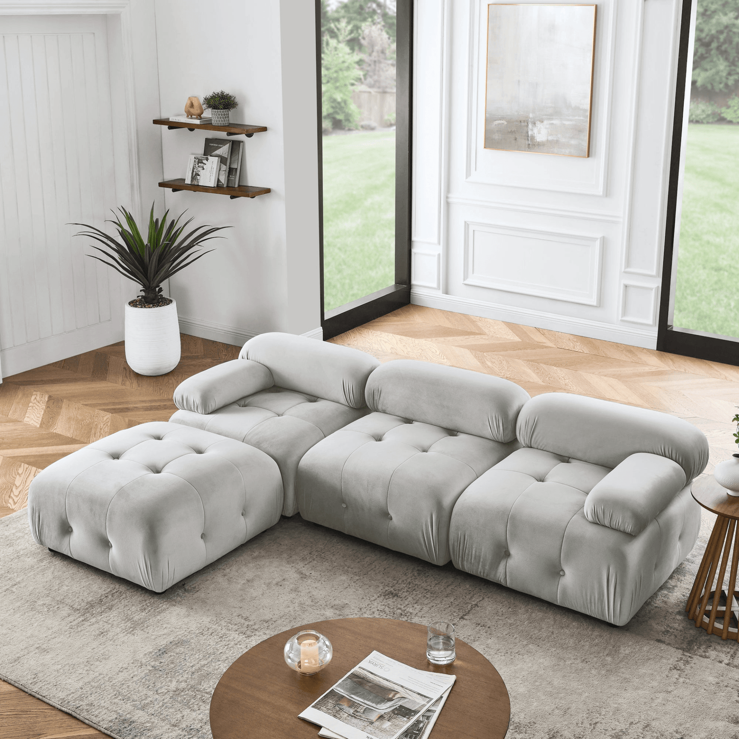 Modular Sectional Sofa - Grey Velvet, Button Tufted, L Shaped with Reversible Ottoman, DIY Combination - CurtisJ Designs