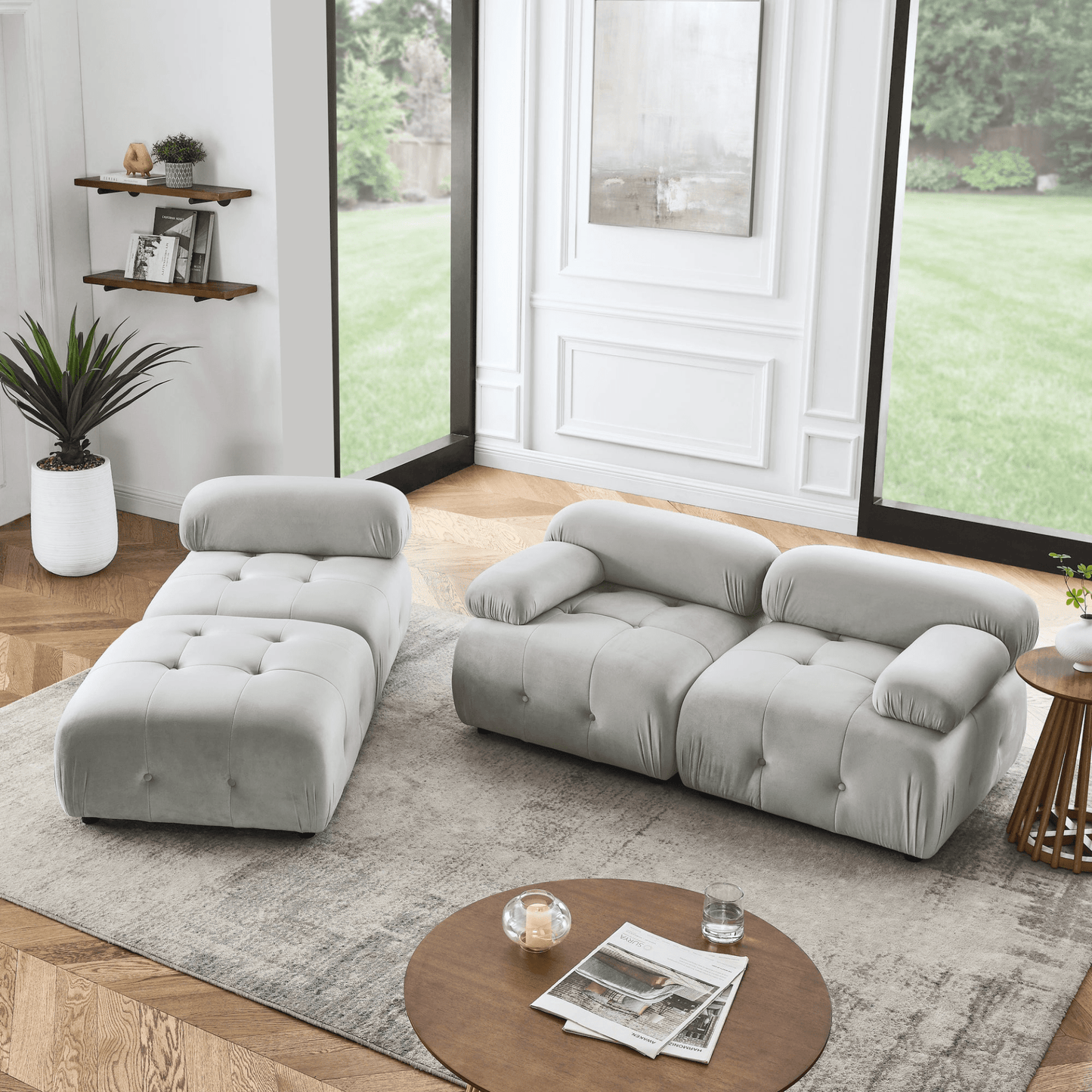 Modular Sectional Sofa - Grey Velvet, Button Tufted, L Shaped with Reversible Ottoman, DIY Combination - CurtisJ Designs