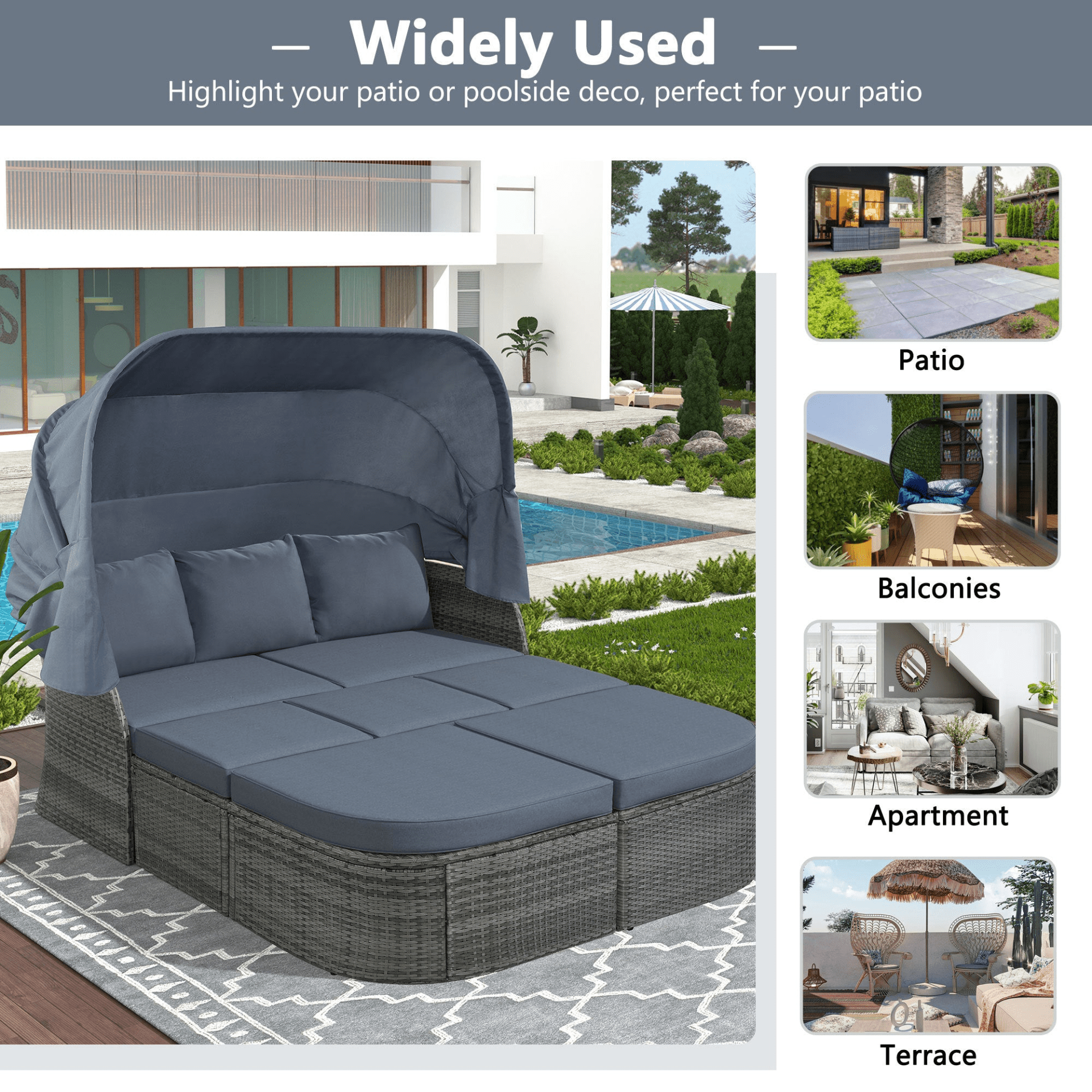 Outdoor Patio Furniture Set Daybed Sunbed with Retractable Canopy Conversation Set Wicker Furniture - CurtisJ Designs