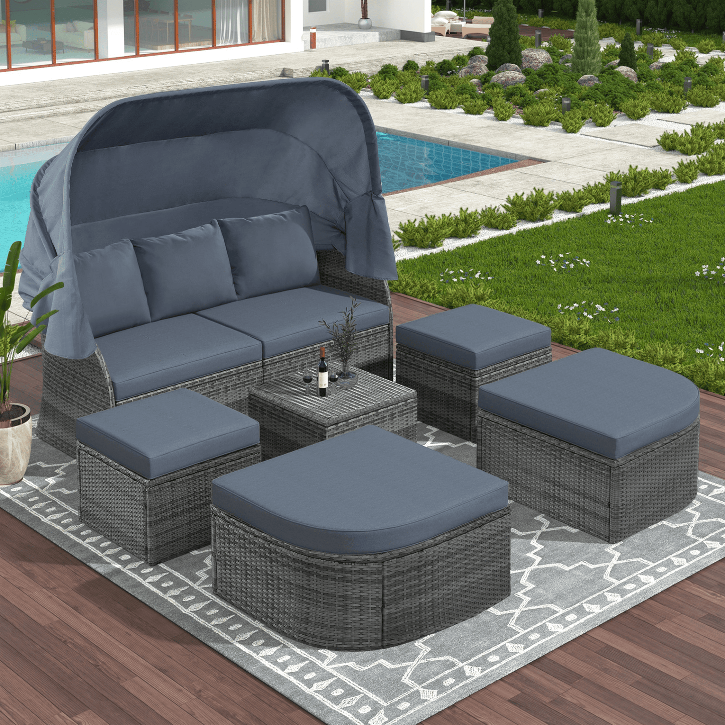 Outdoor Patio Furniture Set Daybed Sunbed with Retractable Canopy Conversation Set Wicker Furniture - CurtisJ Designs