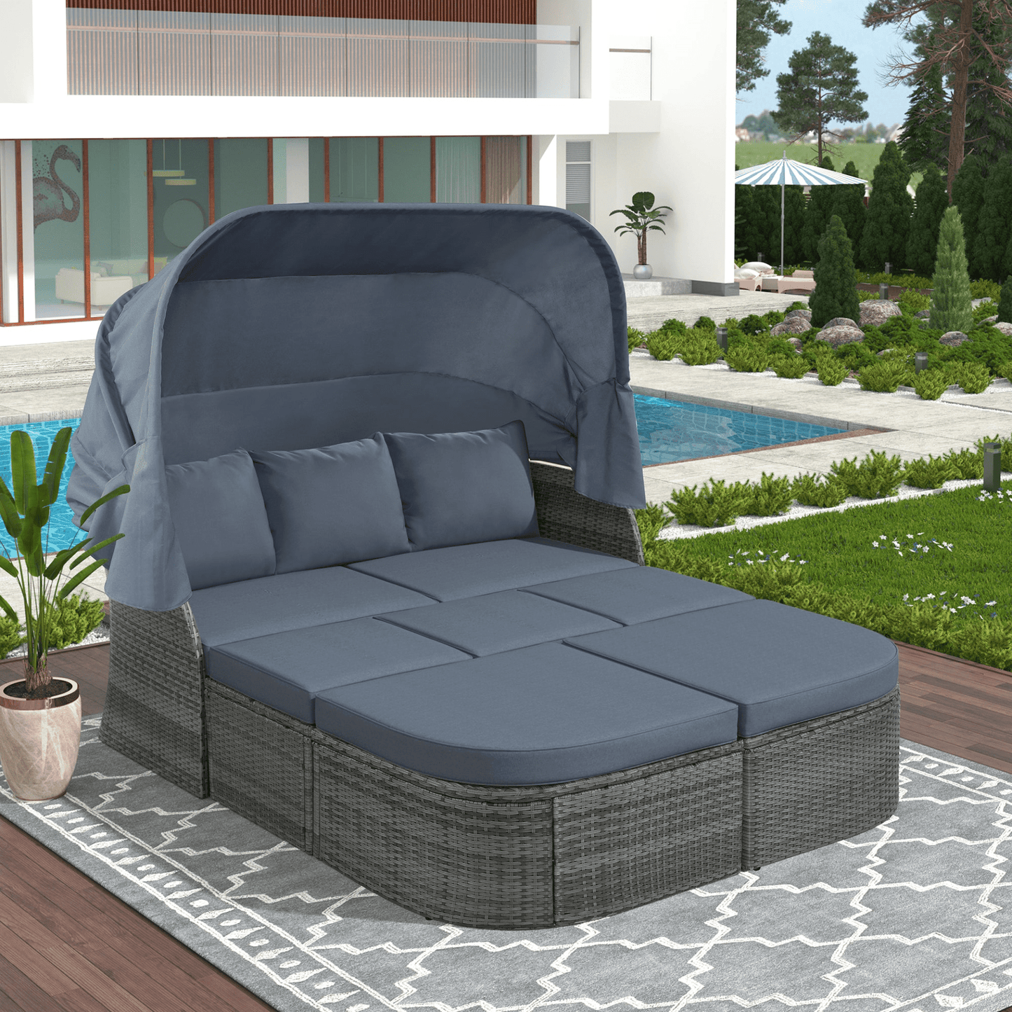 Outdoor Patio Furniture Set Daybed Sunbed with Retractable Canopy Conversation Set Wicker Furniture - CurtisJ Designs