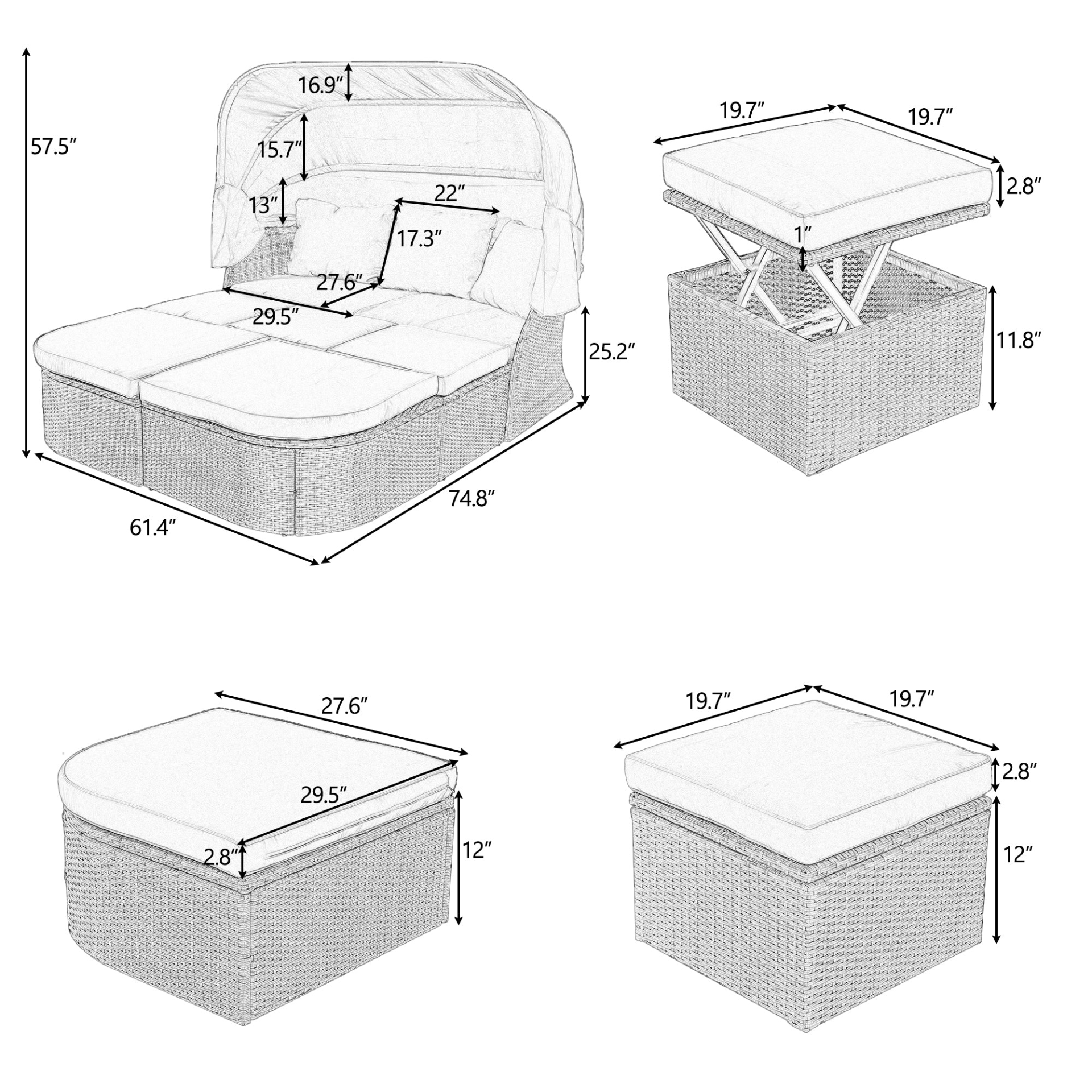 Outdoor Patio Furniture Set Daybed Sunbed with Retractable Canopy Conversation Set Wicker Furniture - CurtisJ Designs