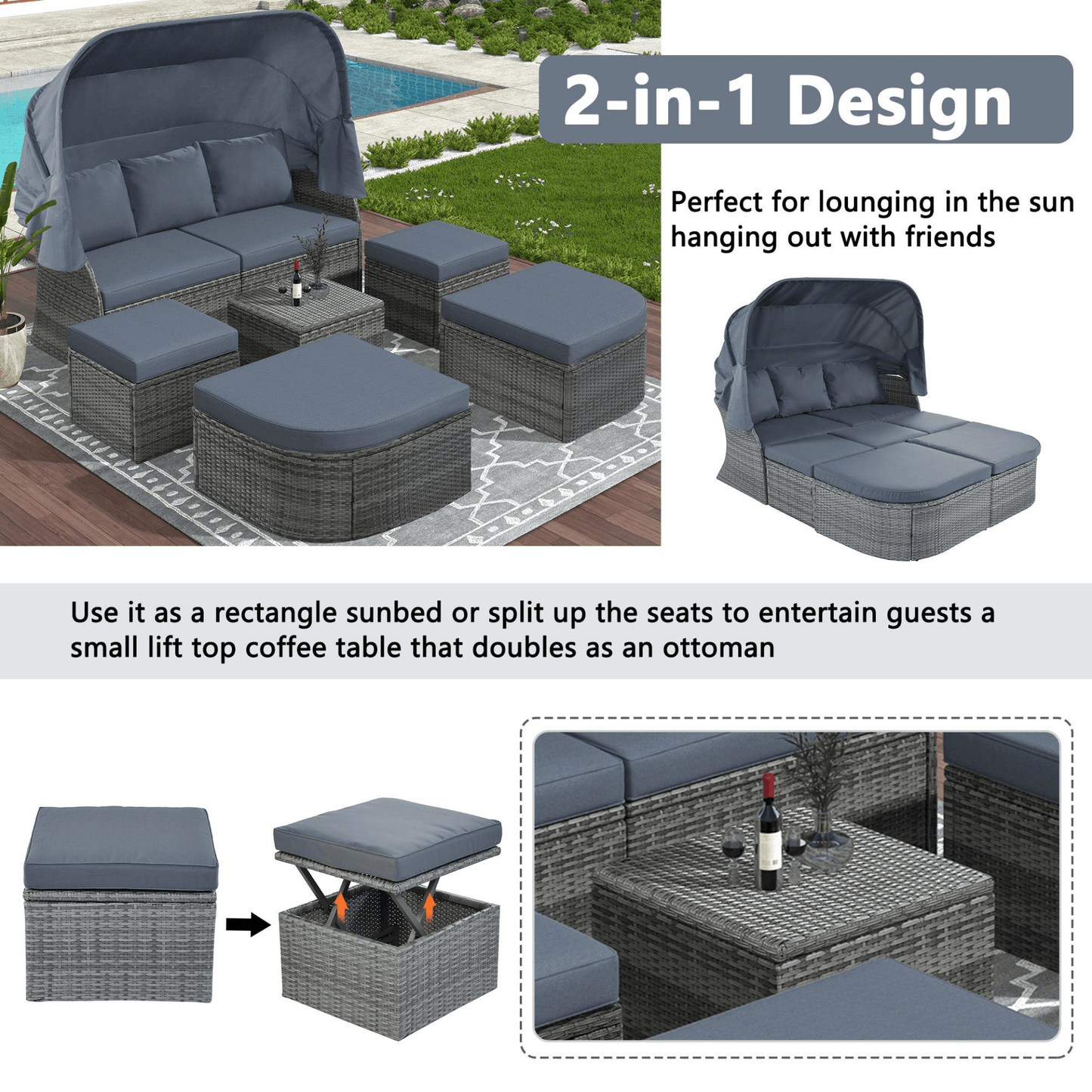 Outdoor Patio Furniture Set Daybed Sunbed with Retractable Canopy Conversation Set Wicker Furniture - CurtisJ Designs