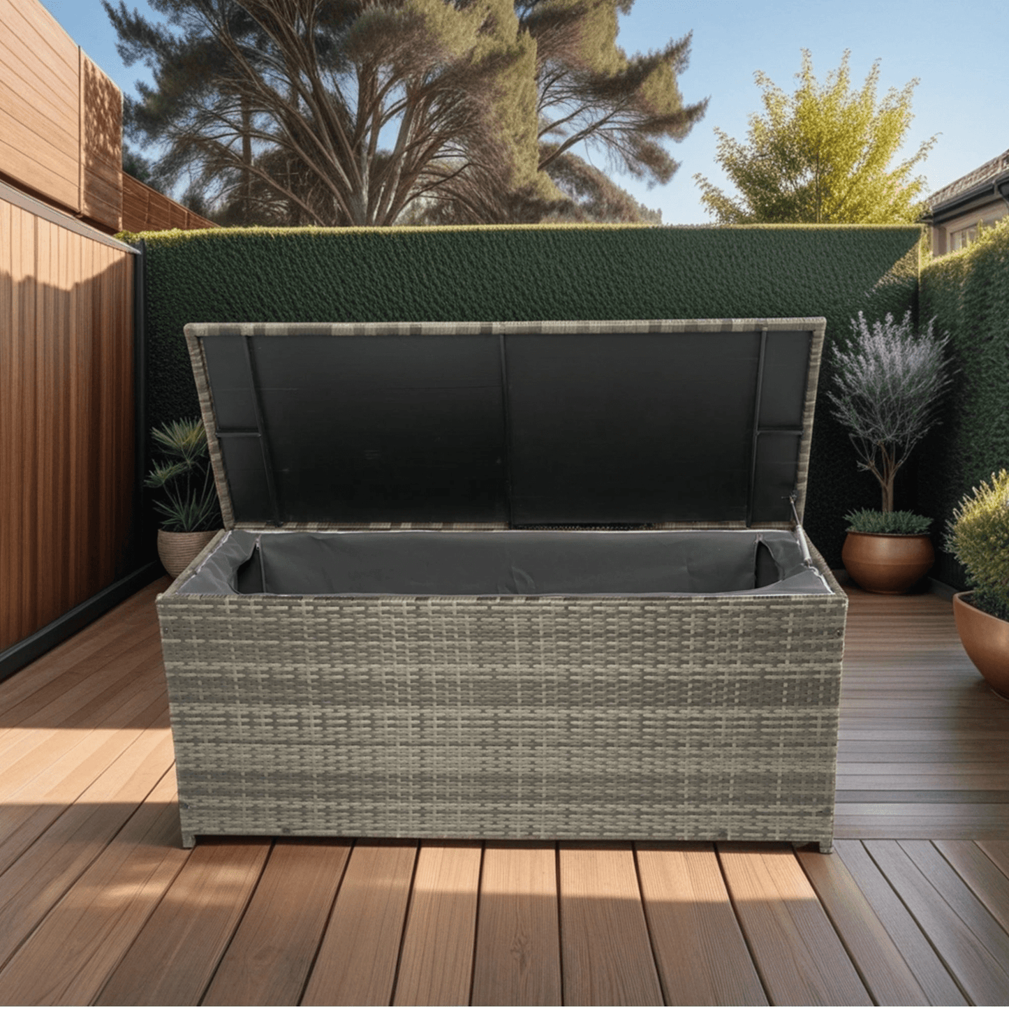 Outdoor Storage Box, 113 Gallon Wicker Patio Deck Boxes with Lid - Grey Wicker - CurtisJ Designs