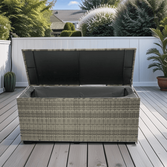 Outdoor Storage Box, 113 Gallon Wicker Patio Deck Boxes with Lid - Grey Wicker - CurtisJ Designs