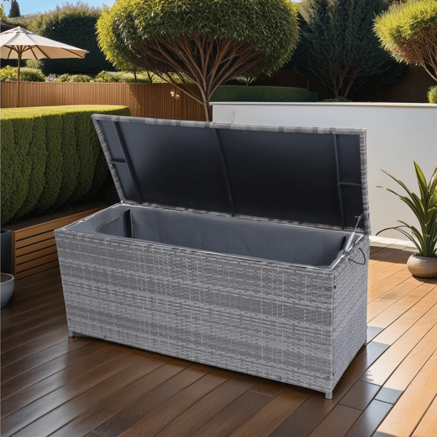 Outdoor Storage Box, 113 Gallon Wicker Patio Deck Boxes with Lid - Grey Wicker - CurtisJ Designs