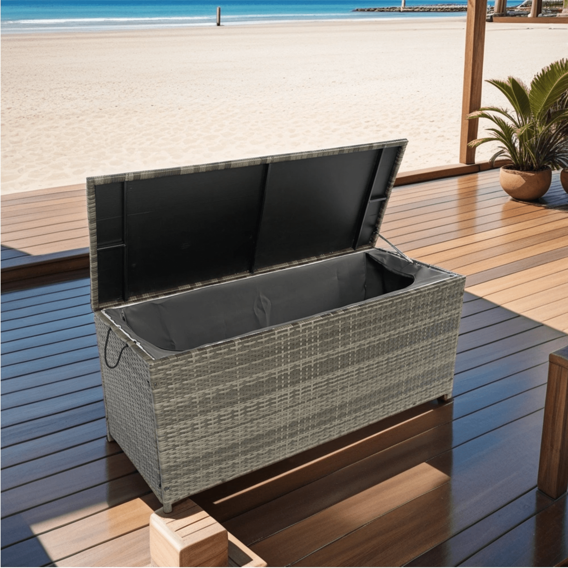 Outdoor Storage Box, 113 Gallon Wicker Patio Deck Boxes with Lid - Grey Wicker - CurtisJ Designs