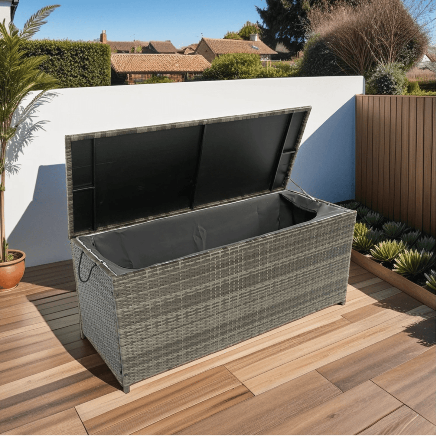 Outdoor Storage Box, 113 Gallon Wicker Patio Deck Boxes with Lid - Grey Wicker - CurtisJ Designs