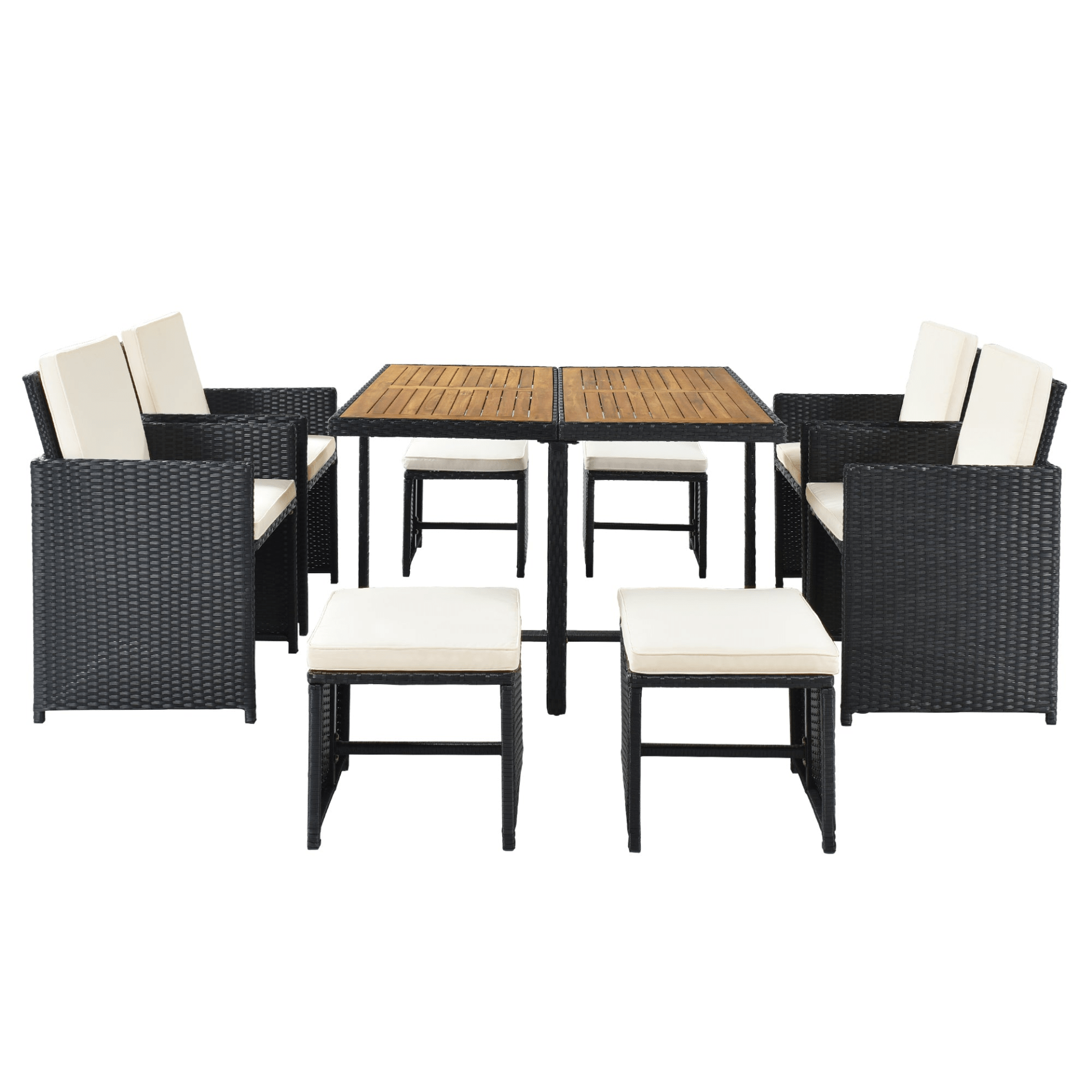 Patio All - Weather 9 - Piece PE Wicker Dining Table Set - Seat 8, Wood Tabletop, Black Rattan & Beige Cushions - CurtisJ Designs