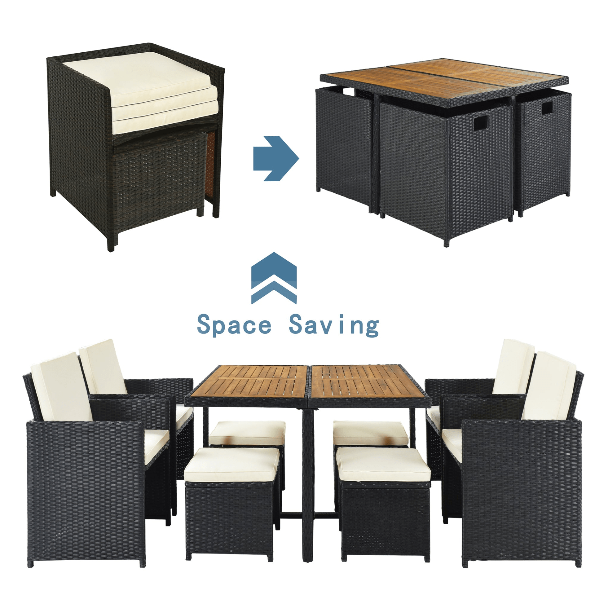 Patio All - Weather 9 - Piece PE Wicker Dining Table Set - Seat 8, Wood Tabletop, Black Rattan & Beige Cushions - CurtisJ Designs