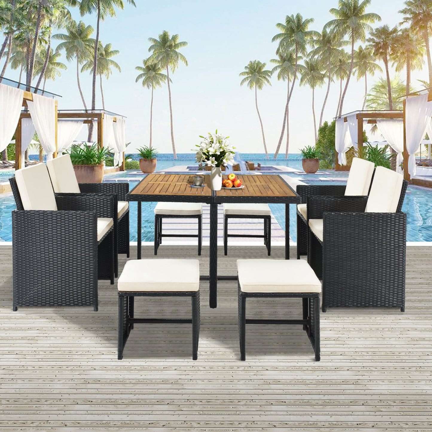 Patio All - Weather 9 - Piece PE Wicker Dining Table Set - Seat 8, Wood Tabletop, Black Rattan & Beige Cushions - CurtisJ Designs