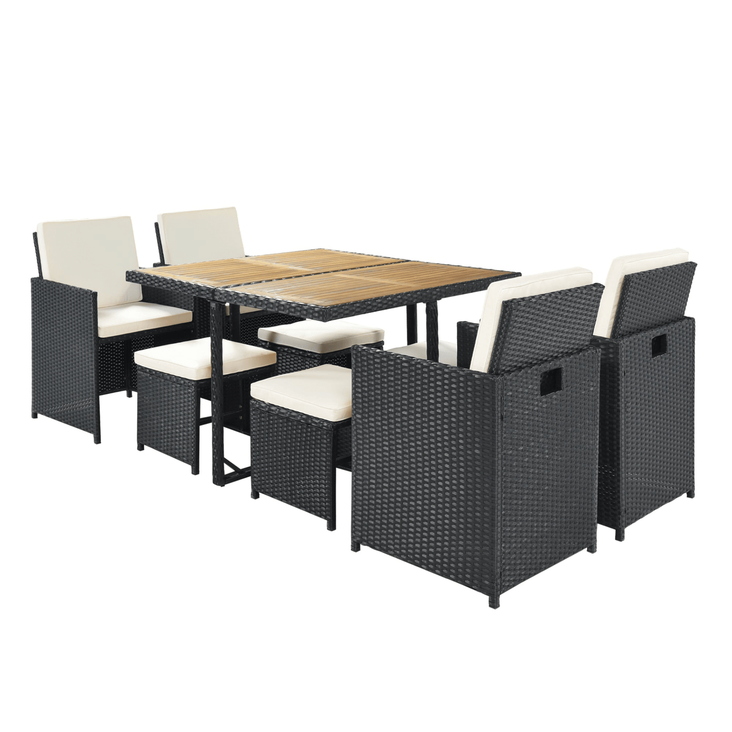 Patio All - Weather 9 - Piece PE Wicker Dining Table Set - Seat 8, Wood Tabletop, Black Rattan & Beige Cushions - CurtisJ Designs