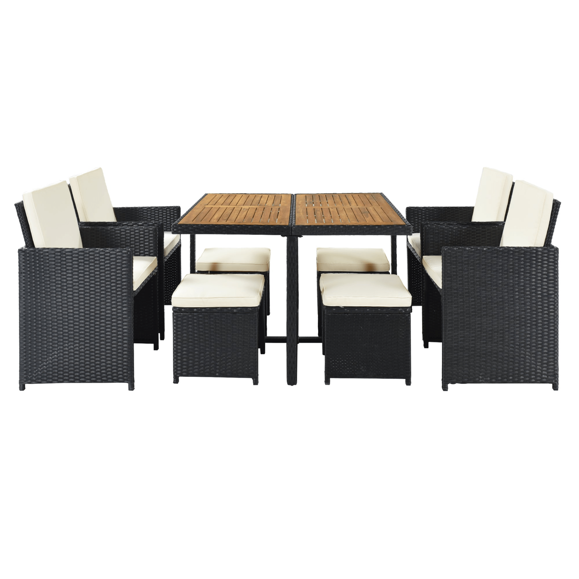 Patio All - Weather 9 - Piece PE Wicker Dining Table Set - Seat 8, Wood Tabletop, Black Rattan & Beige Cushions - CurtisJ Designs