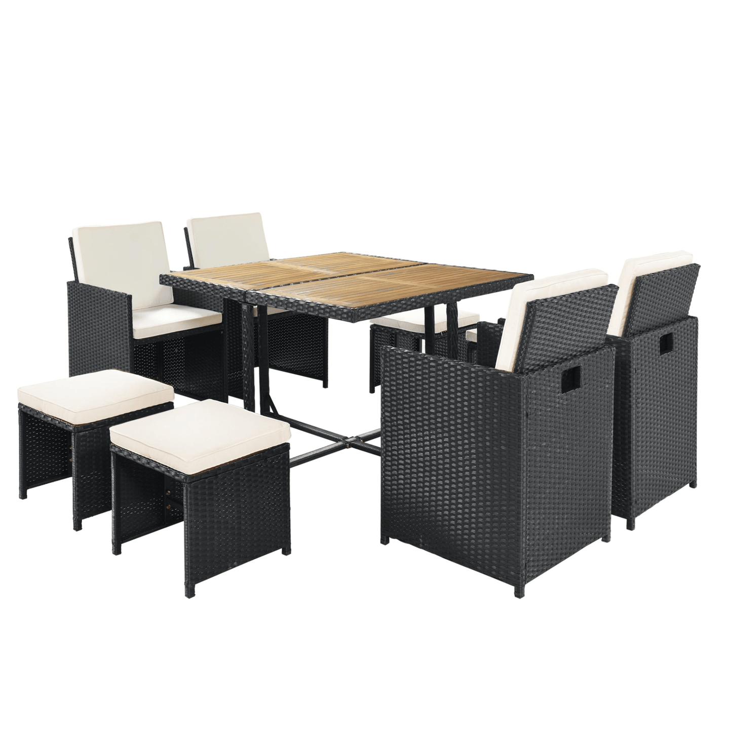 Patio All - Weather 9 - Piece PE Wicker Dining Table Set - Seat 8, Wood Tabletop, Black Rattan & Beige Cushions - CurtisJ Designs