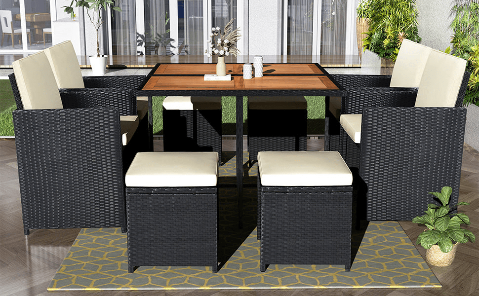 Patio All - Weather 9 - Piece PE Wicker Dining Table Set - Seat 8, Wood Tabletop, Black Rattan & Beige Cushions - CurtisJ Designs