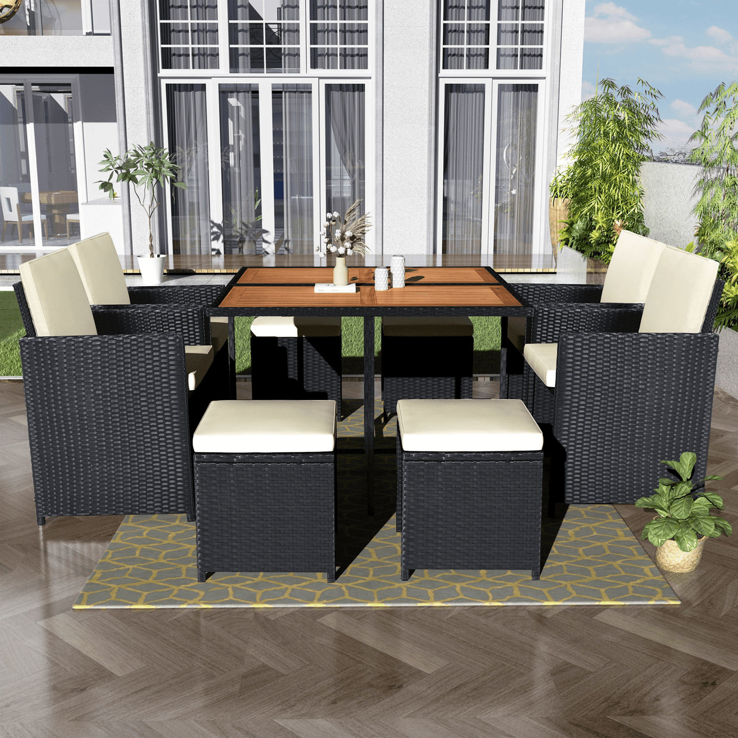 Patio All - Weather 9 - Piece PE Wicker Dining Table Set - Seat 8, Wood Tabletop, Black Rattan & Beige Cushions - CurtisJ Designs