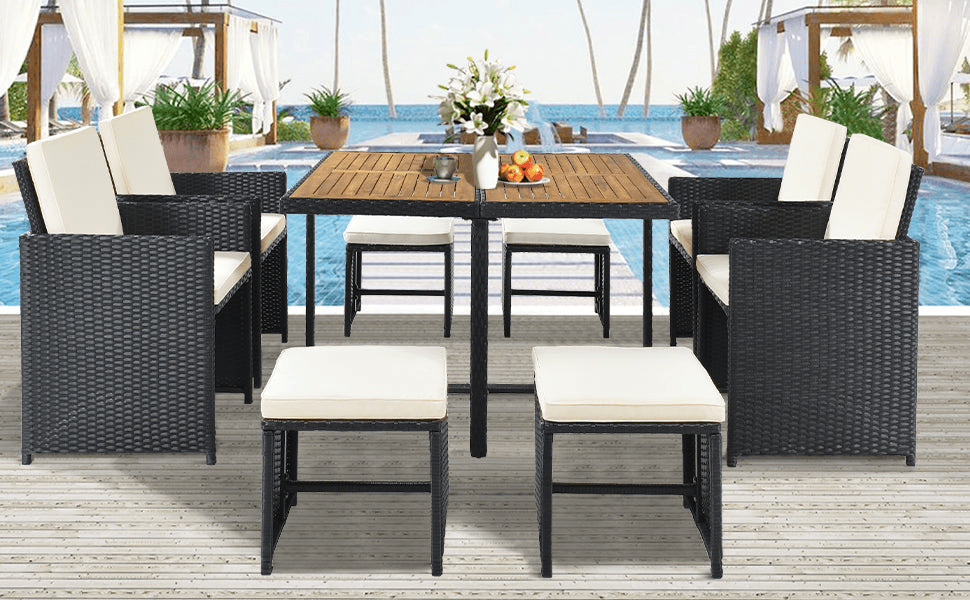 Patio All - Weather 9 - Piece PE Wicker Dining Table Set - Seat 8, Wood Tabletop, Black Rattan & Beige Cushions - CurtisJ Designs