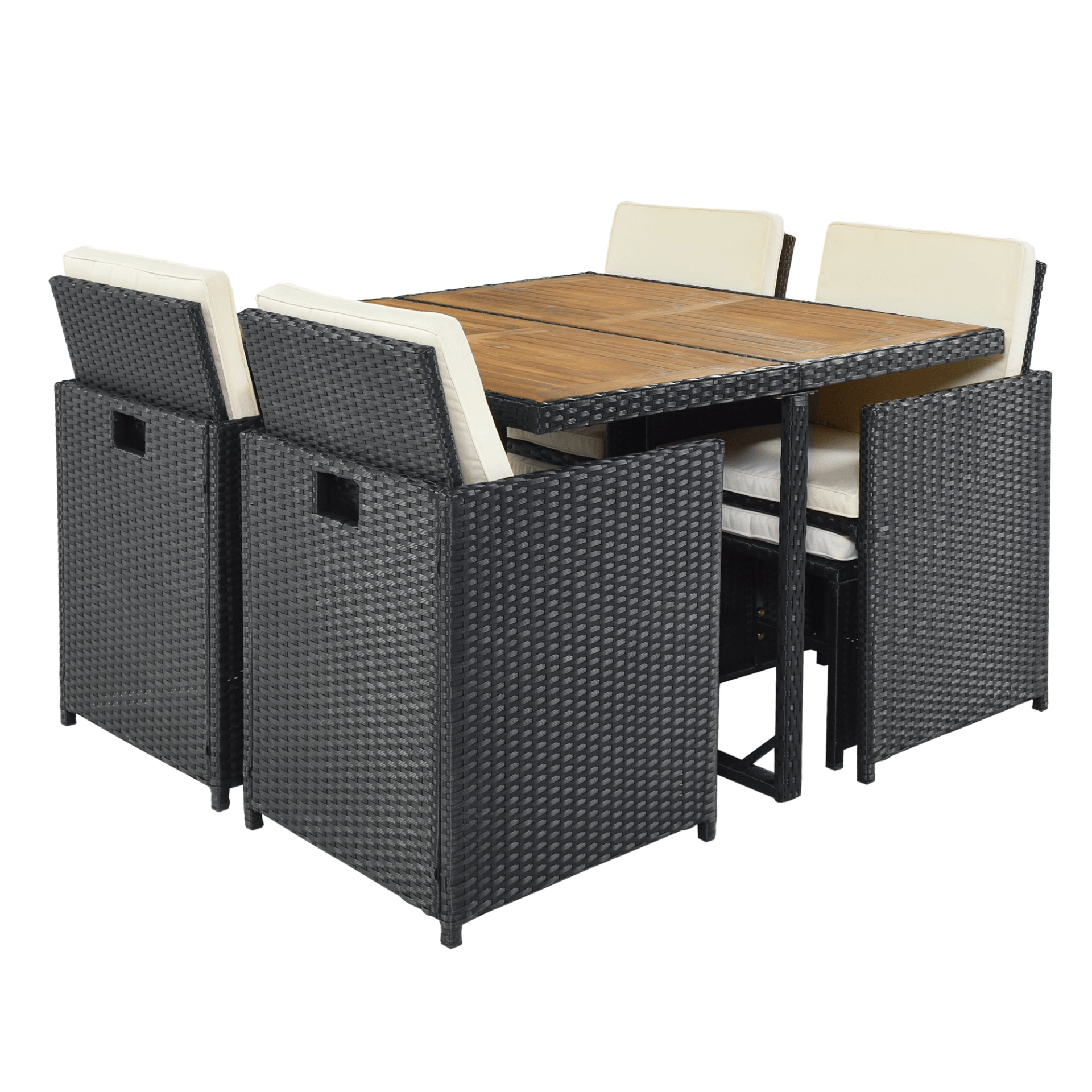 Patio All - Weather 9 - Piece PE Wicker Dining Table Set - Seat 8, Wood Tabletop, Black Rattan & Beige Cushions - CurtisJ Designs