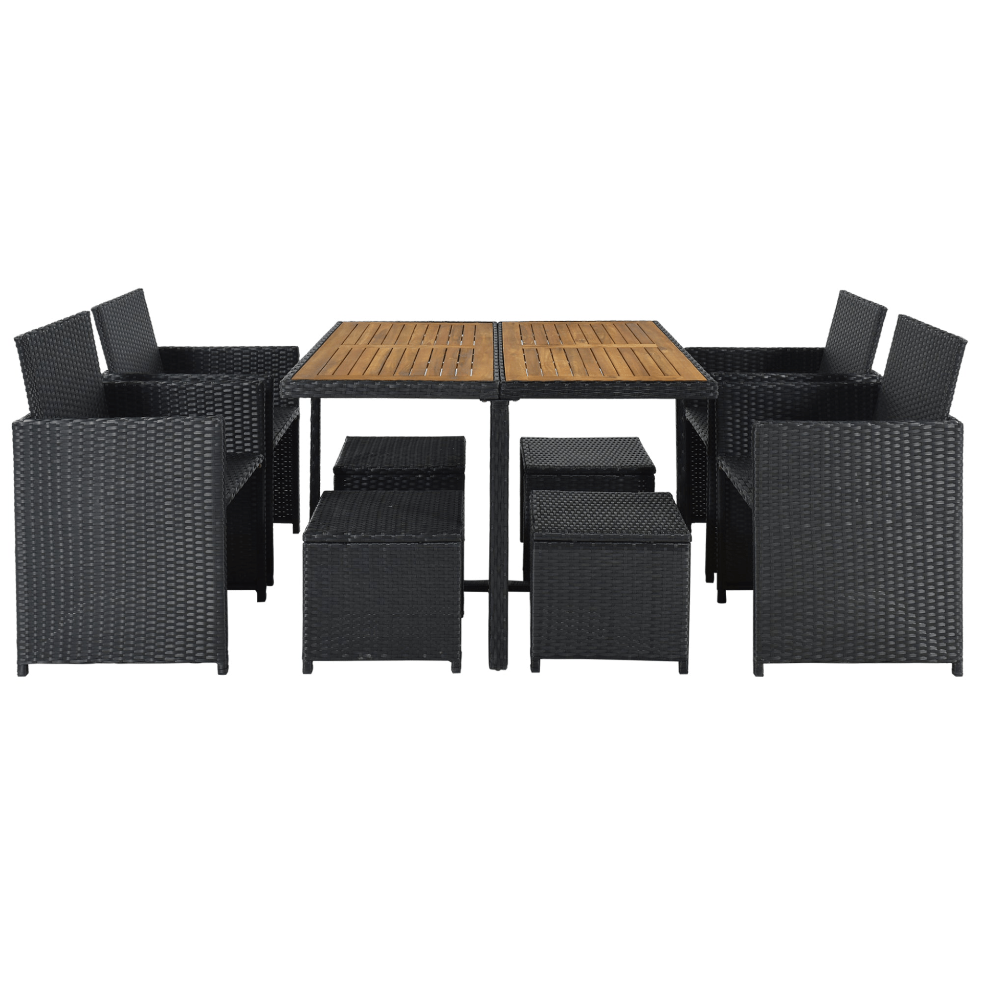 Patio All - Weather 9 - Piece PE Wicker Dining Table Set - Seat 8, Wood Tabletop, Black Rattan & Beige Cushions - CurtisJ Designs