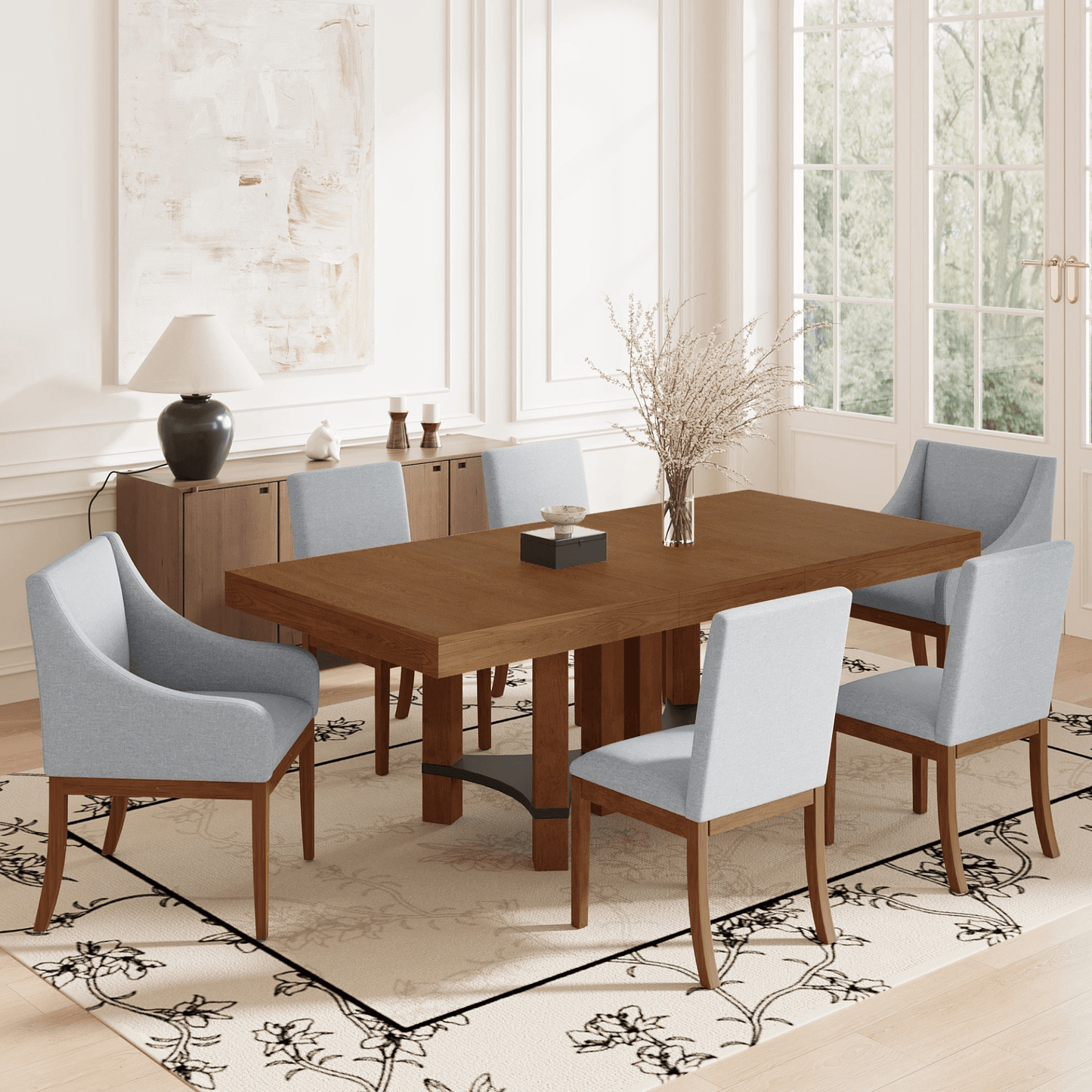 Rustic 7 - Piece Extendable Dining Table Set - 76.4'' Table with 18'' Removable Leaf, 2 Arm Chairs & 4 Armless Chairs, Brown - CurtisJ Designs