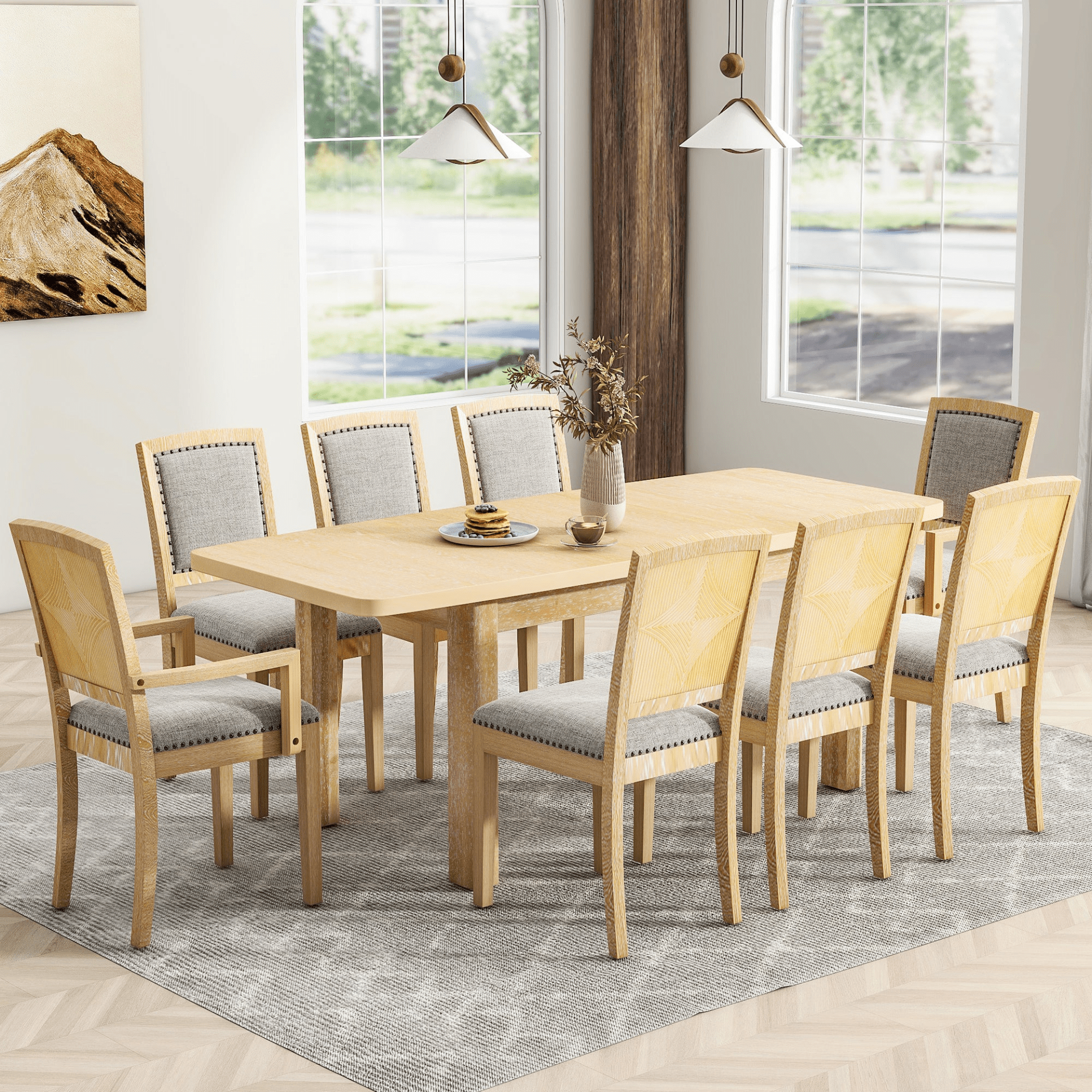 Rustic Extendable 84 - inch Dining Table Set with 24 - inch Removable Leaf, 6 Upholstered Armless Dining Chairs and 2 Padded Arm Chairs, 9 Pieces, Natural - CurtisJ Designs