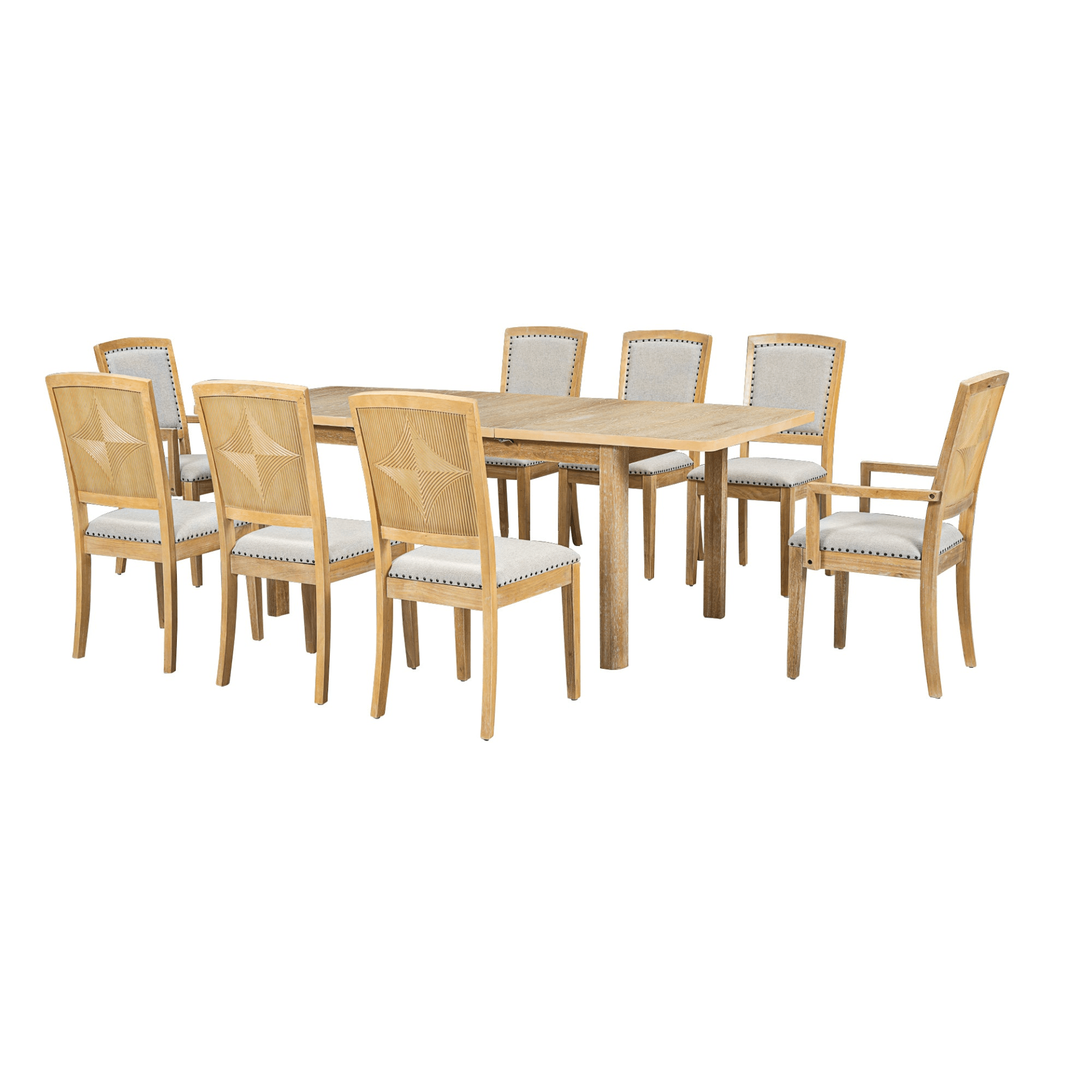 Rustic Extendable 84 - inch Dining Table Set with 24 - inch Removable Leaf, 6 Upholstered Armless Dining Chairs and 2 Padded Arm Chairs, 9 Pieces, Natural - CurtisJ Designs