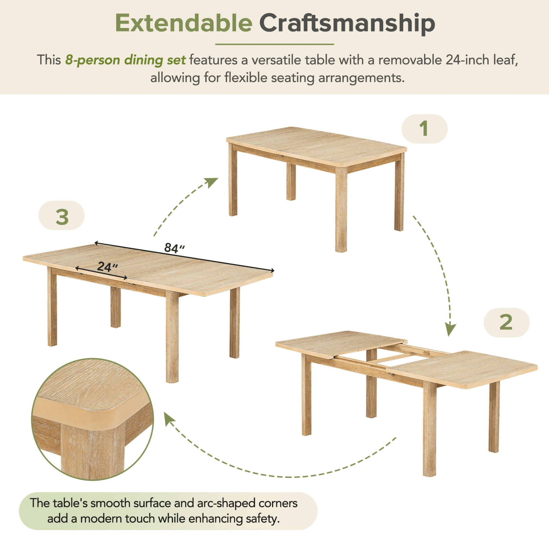 Rustic Extendable 84 - inch Dining Table Set with 24 - inch Removable Leaf, 6 Upholstered Armless Dining Chairs and 2 Padded Arm Chairs, 9 Pieces, Natural - CurtisJ Designs