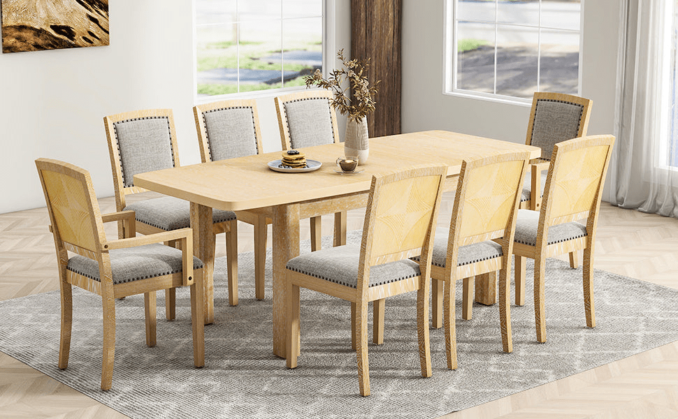 Rustic Extendable 84 - inch Dining Table Set with 24 - inch Removable Leaf, 6 Upholstered Armless Dining Chairs and 2 Padded Arm Chairs, 9 Pieces, Natural - CurtisJ Designs