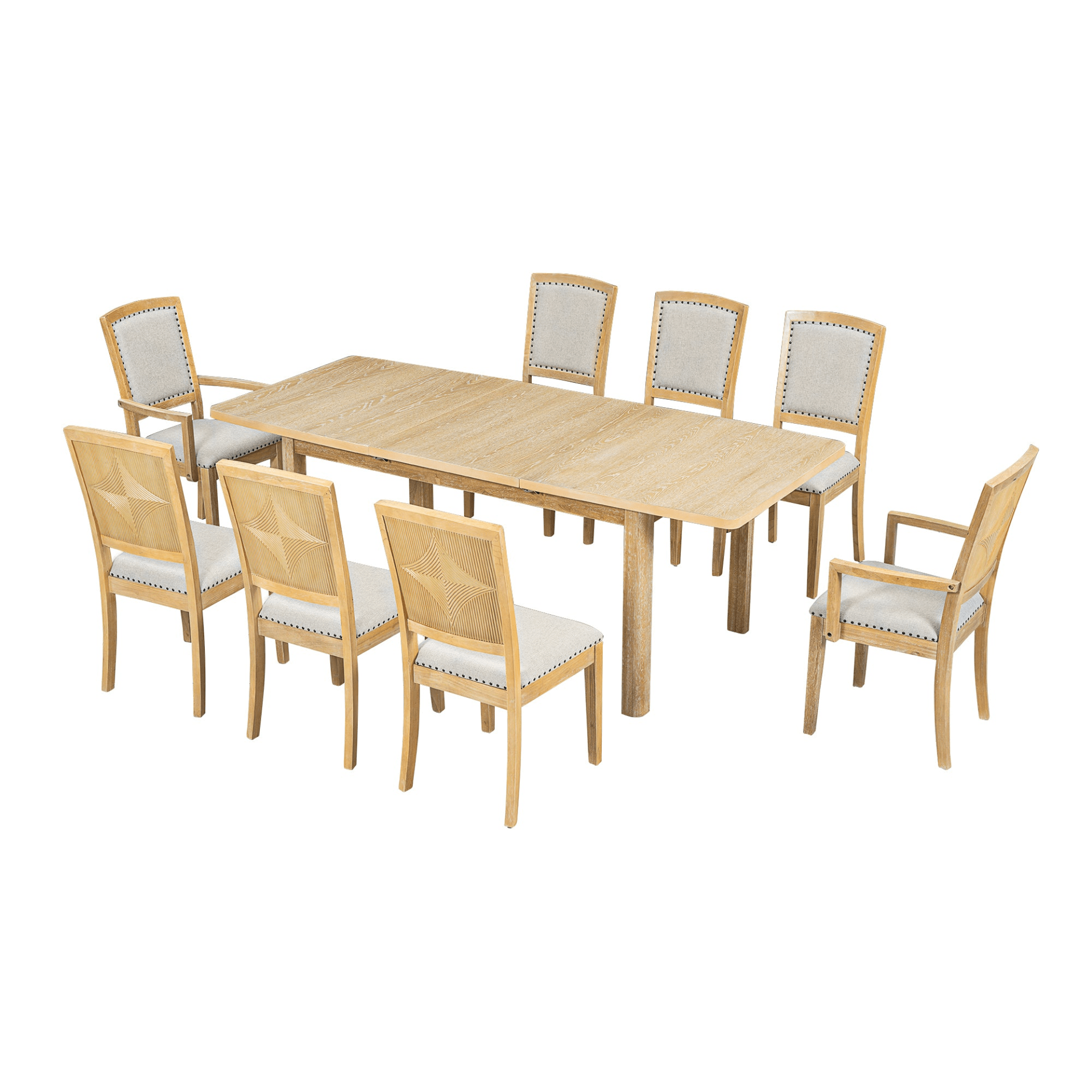 Rustic Extendable 84 - inch Dining Table Set with 24 - inch Removable Leaf, 6 Upholstered Armless Dining Chairs and 2 Padded Arm Chairs, 9 Pieces, Natural - CurtisJ Designs