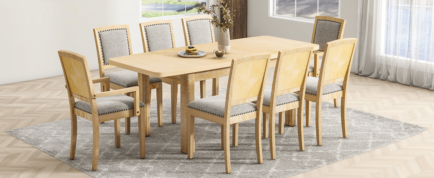 Rustic Extendable 84 - inch Dining Table Set with 24 - inch Removable Leaf, 6 Upholstered Armless Dining Chairs and 2 Padded Arm Chairs, 9 Pieces, Natural - CurtisJ Designs