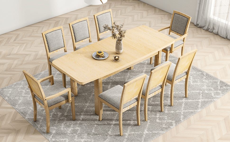 Rustic Extendable 84 - inch Dining Table Set with 24 - inch Removable Leaf, 6 Upholstered Armless Dining Chairs and 2 Padded Arm Chairs, 9 Pieces, Natural - CurtisJ Designs