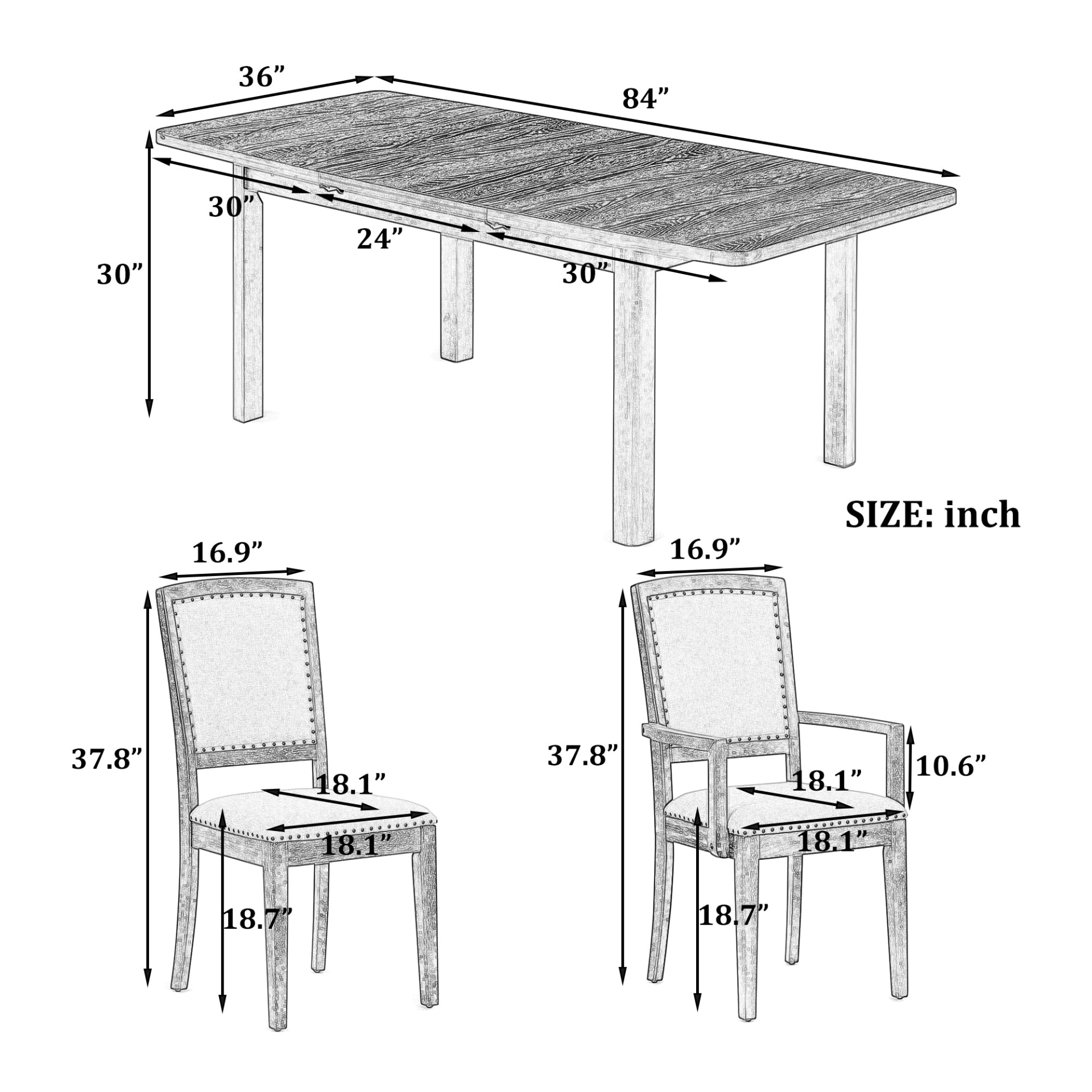 Rustic Extendable 84 - inch Dining Table Set with 24 - inch Removable Leaf, 6 Upholstered Armless Dining Chairs and 2 Padded Arm Chairs, 9 Pieces, Natural - CurtisJ Designs