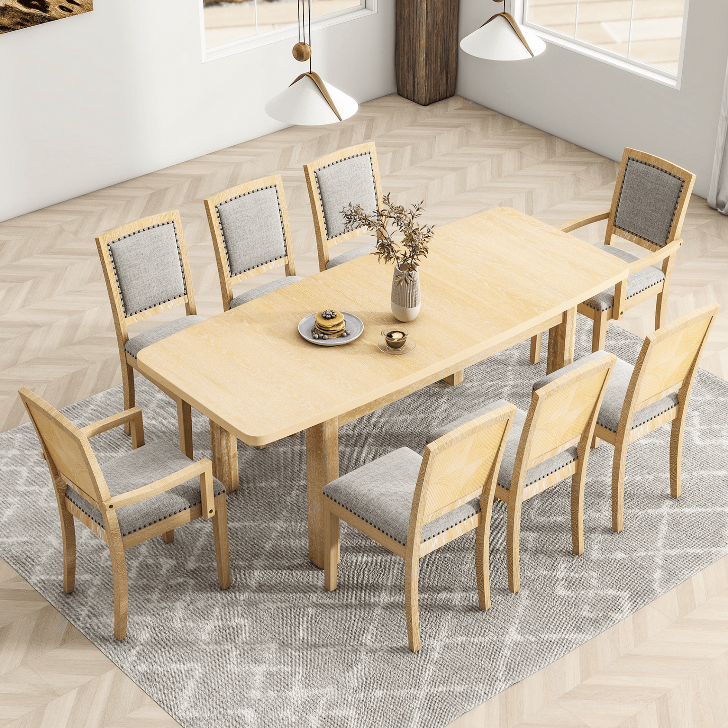 Rustic Extendable 84 - inch Dining Table Set with 24 - inch Removable Leaf, 6 Upholstered Armless Dining Chairs and 2 Padded Arm Chairs, 9 Pieces, Natural - CurtisJ Designs