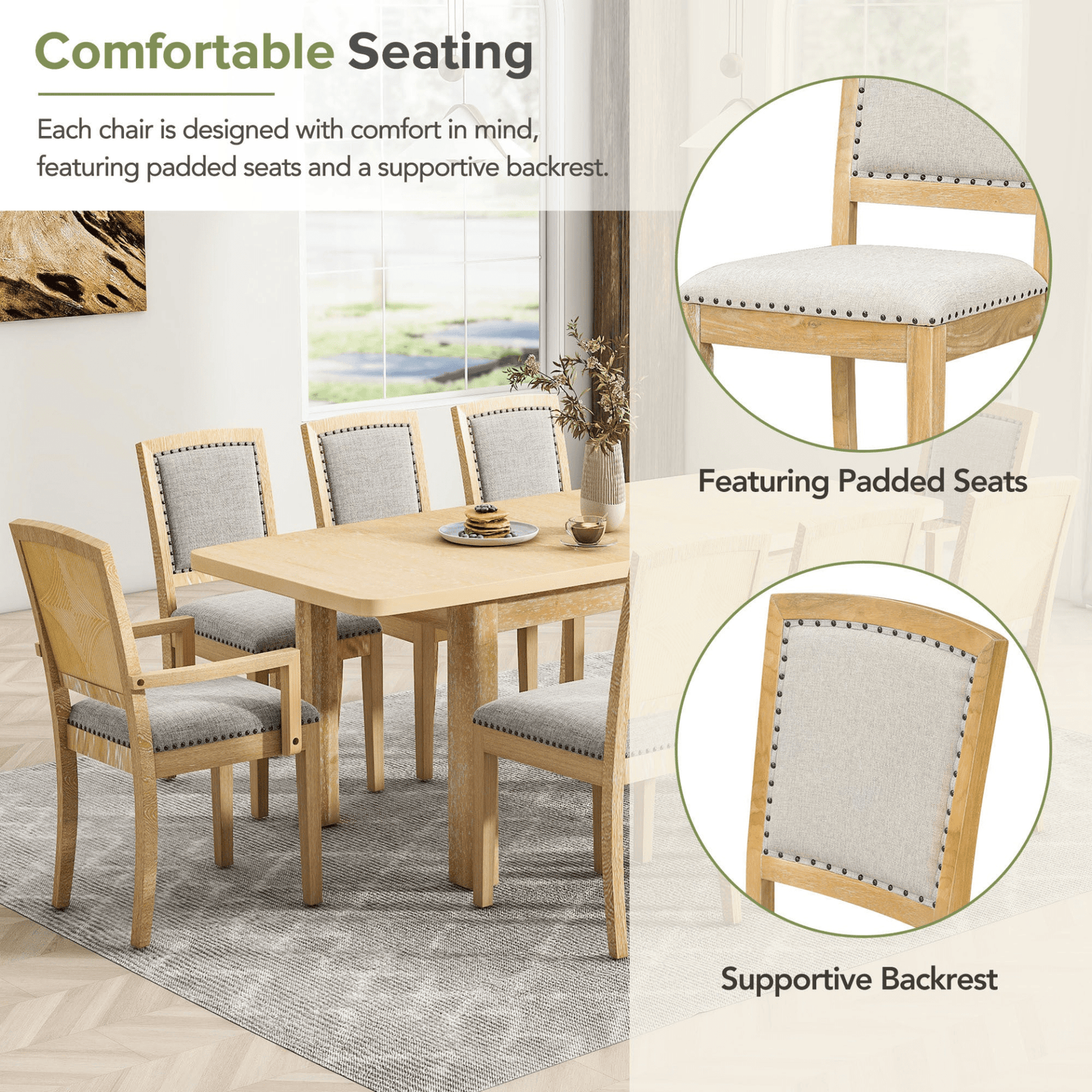 Rustic Extendable 84 - inch Dining Table Set with 24 - inch Removable Leaf, 6 Upholstered Armless Dining Chairs and 2 Padded Arm Chairs, 9 Pieces, Natural - CurtisJ Designs