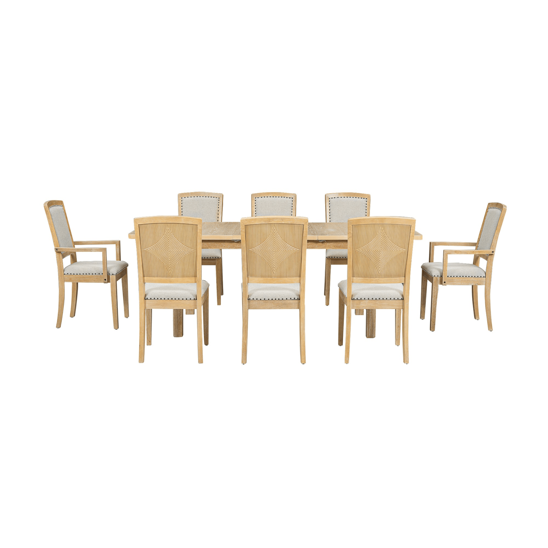 Rustic Extendable 84 - inch Dining Table Set with 24 - inch Removable Leaf, 6 Upholstered Armless Dining Chairs and 2 Padded Arm Chairs, 9 Pieces, Natural - CurtisJ Designs