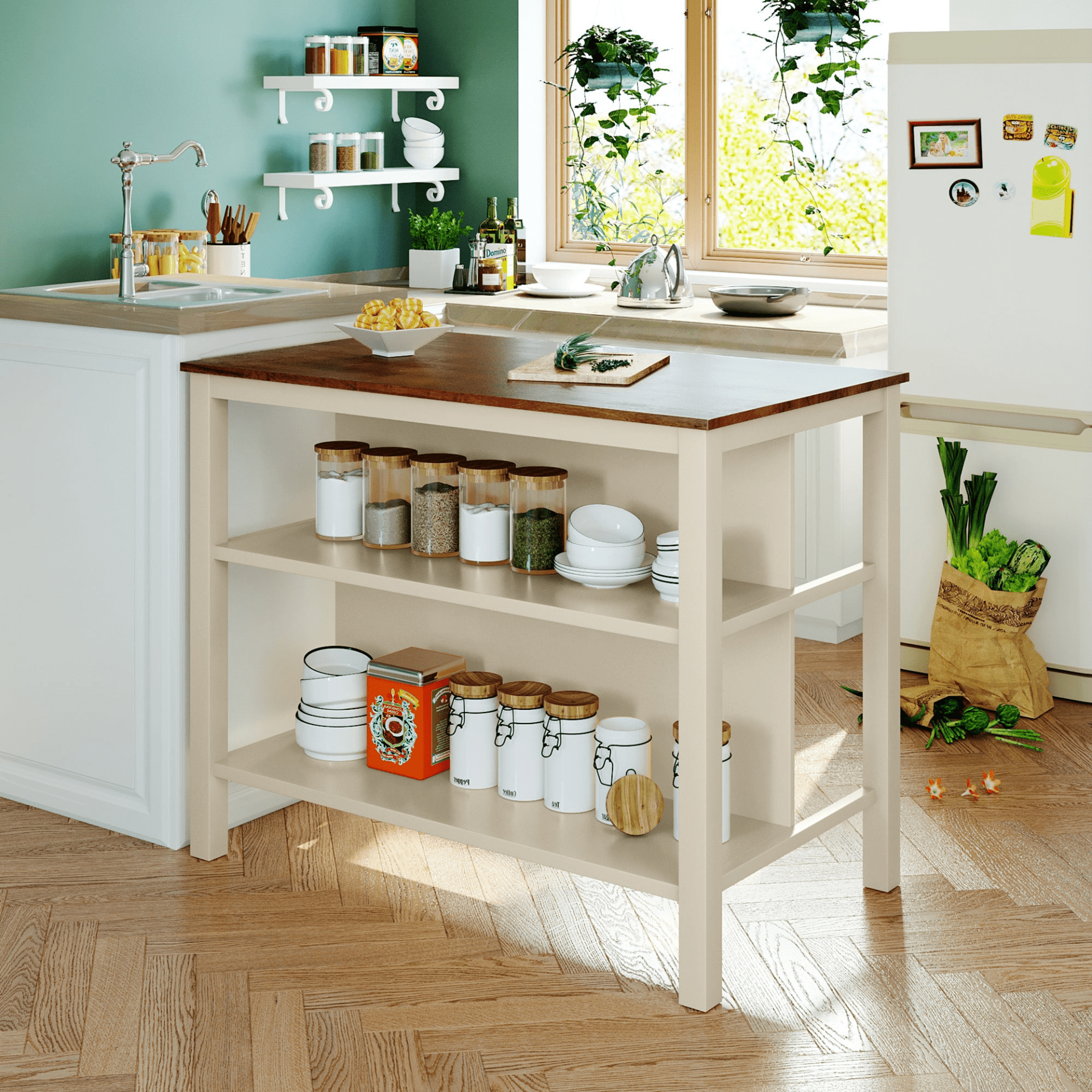 Solid Wood Rustic 45" Stationary Kitchen Island with 2 Open Shelves, Walnut+Cream White - CurtisJ Designs