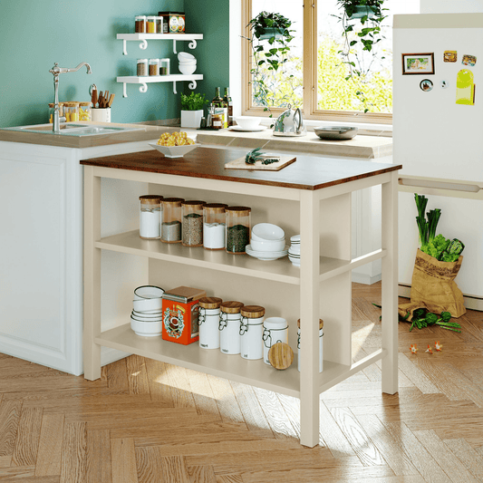 Solid Wood Rustic 45" Stationary Kitchen Island with 2 Open Shelves, Walnut+Cream White - CurtisJ Designs