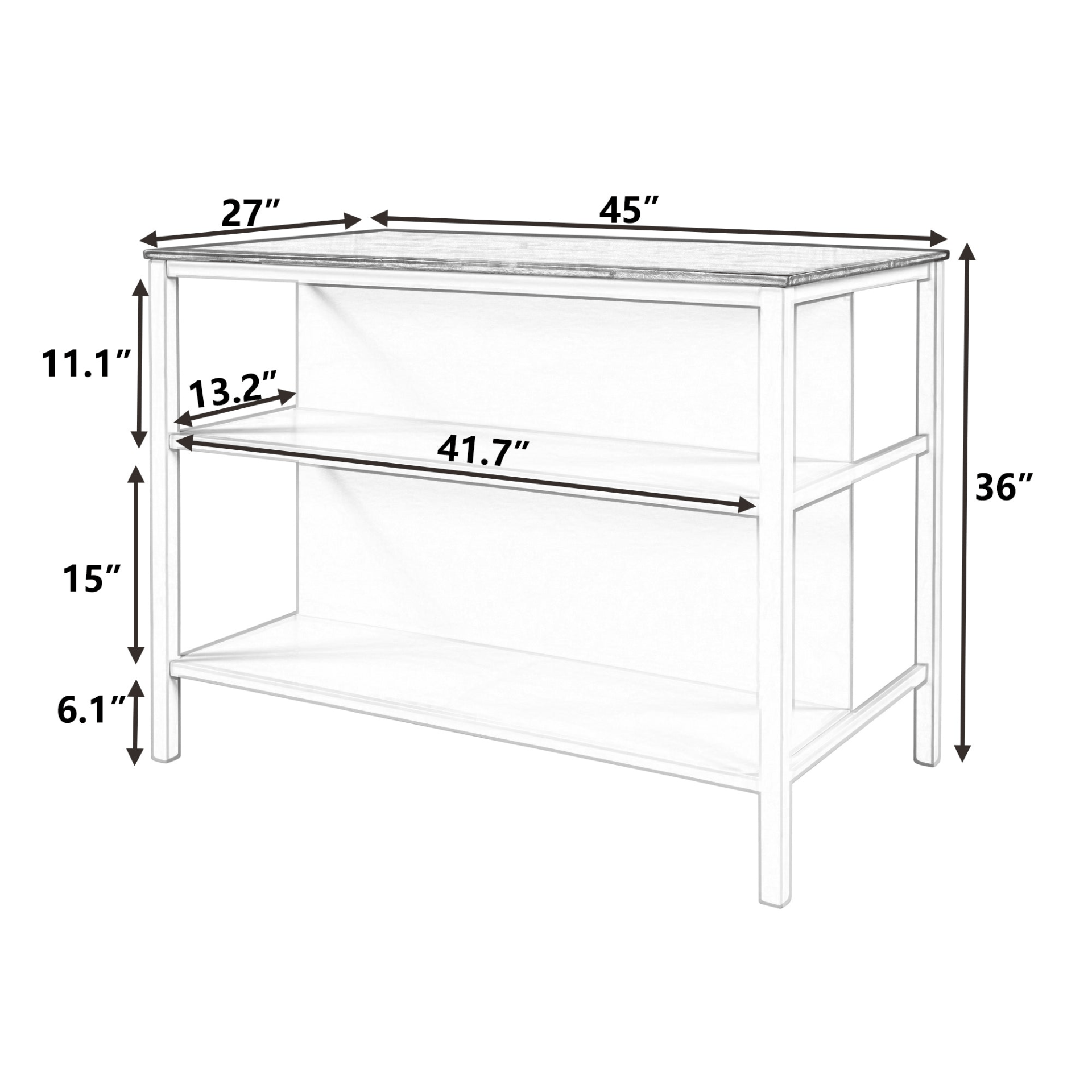 Solid Wood Rustic 45" Stationary Kitchen Island with 2 Open Shelves, Walnut+Cream White - CurtisJ Designs