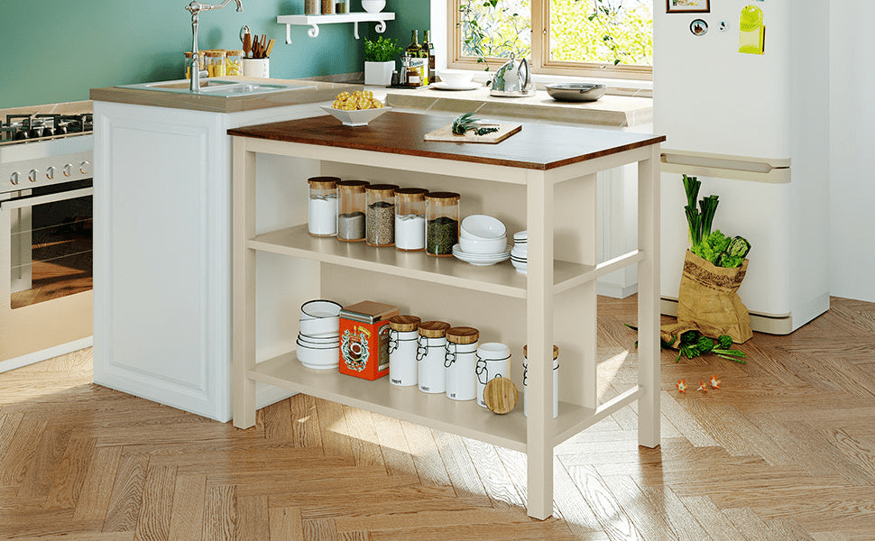 Solid Wood Rustic 45" Stationary Kitchen Island with 2 Open Shelves, Walnut+Cream White - CurtisJ Designs