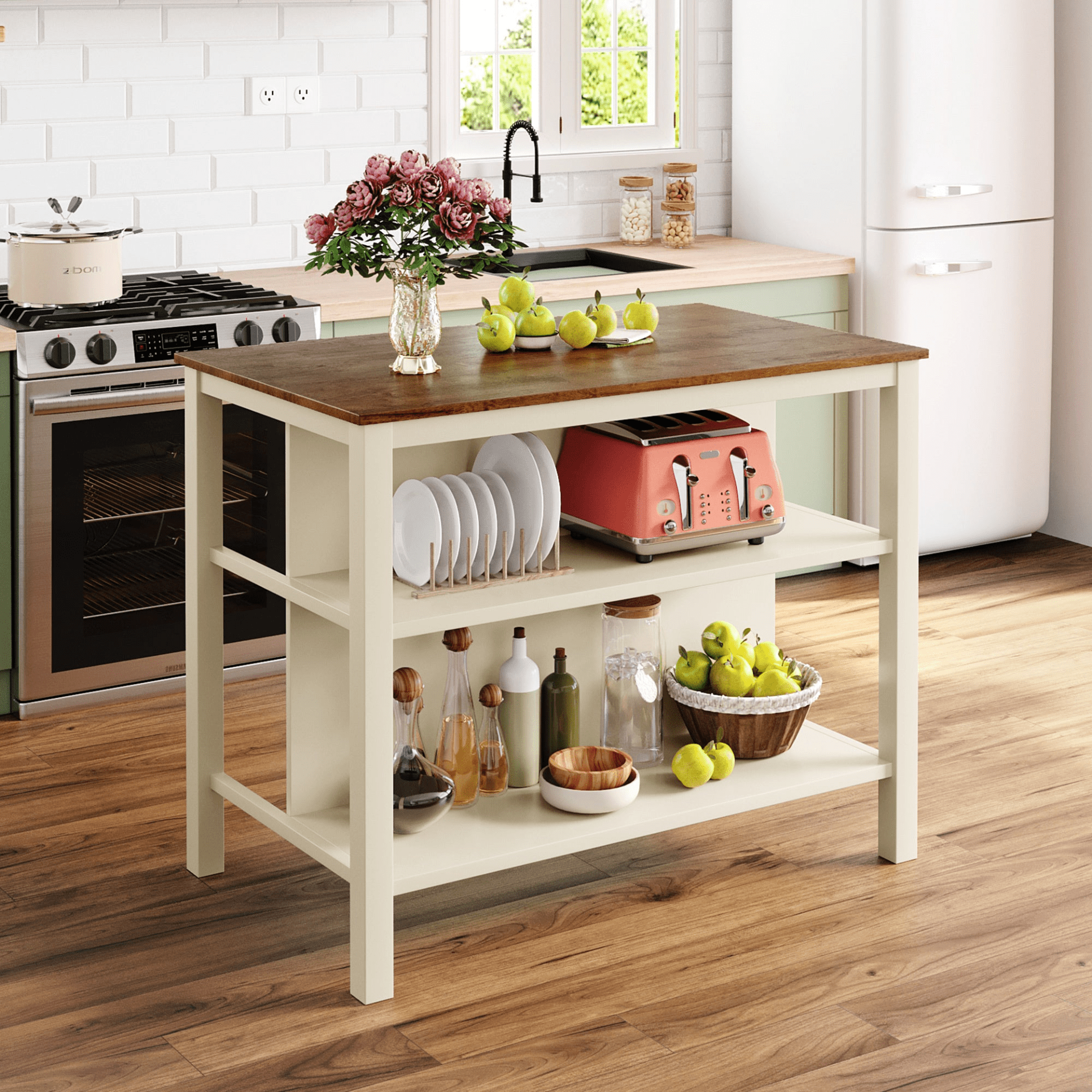 Solid Wood Rustic 45" Stationary Kitchen Island with 2 Open Shelves, Walnut+Cream White - CurtisJ Designs