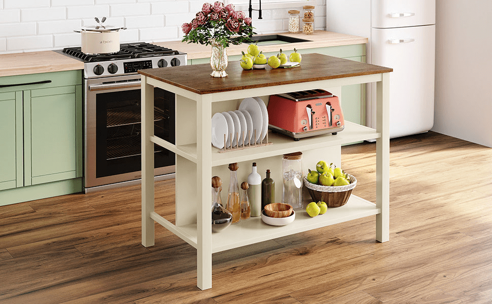 Solid Wood Rustic 45" Stationary Kitchen Island with 2 Open Shelves, Walnut+Cream White - CurtisJ Designs