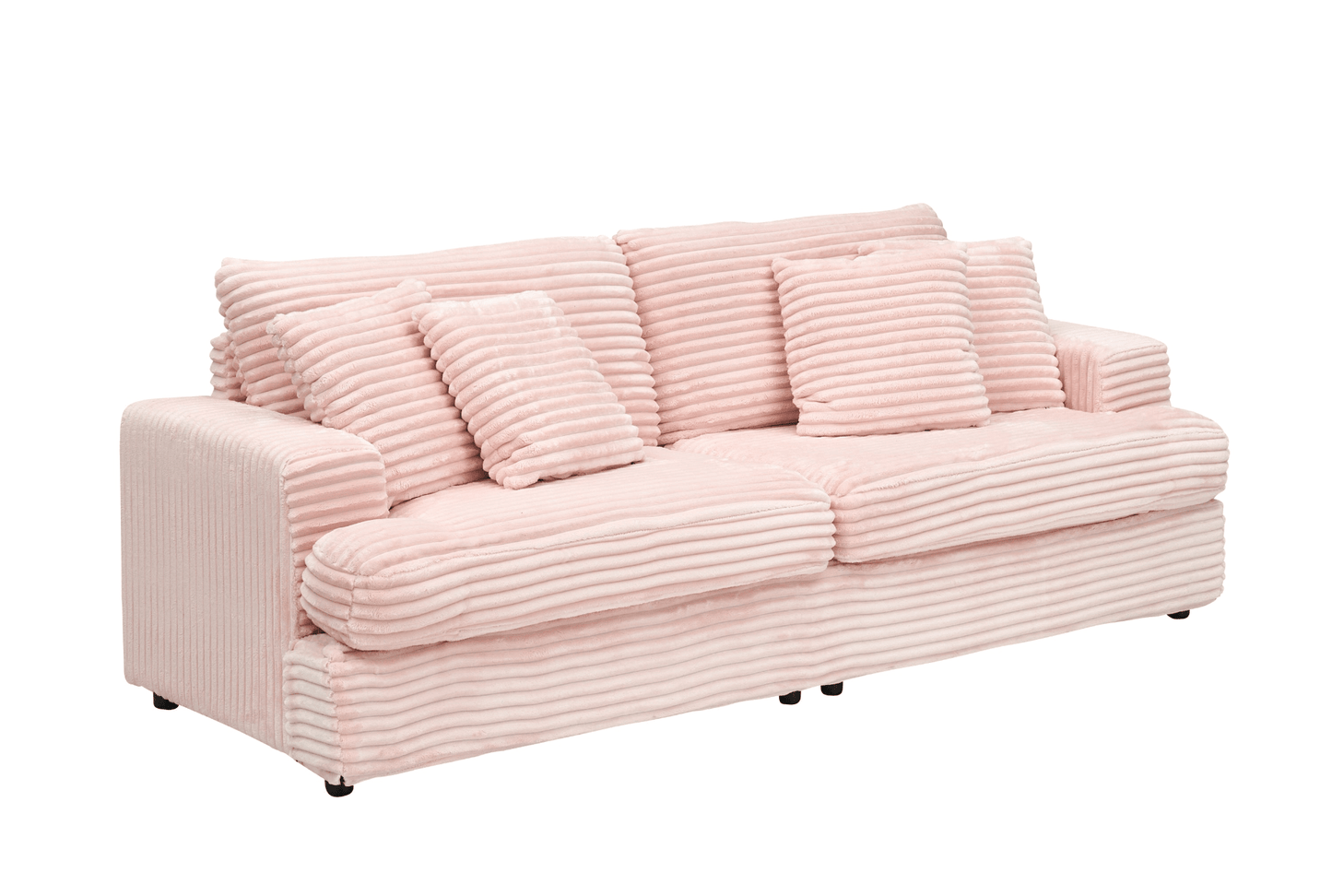 Spacious 79.3" Corduroy Sofa - 3 Seater with 4 Matching Toss Pillows, Modern Design, Comfortable Couch for Living Room - Pink - CurtisJ Designs