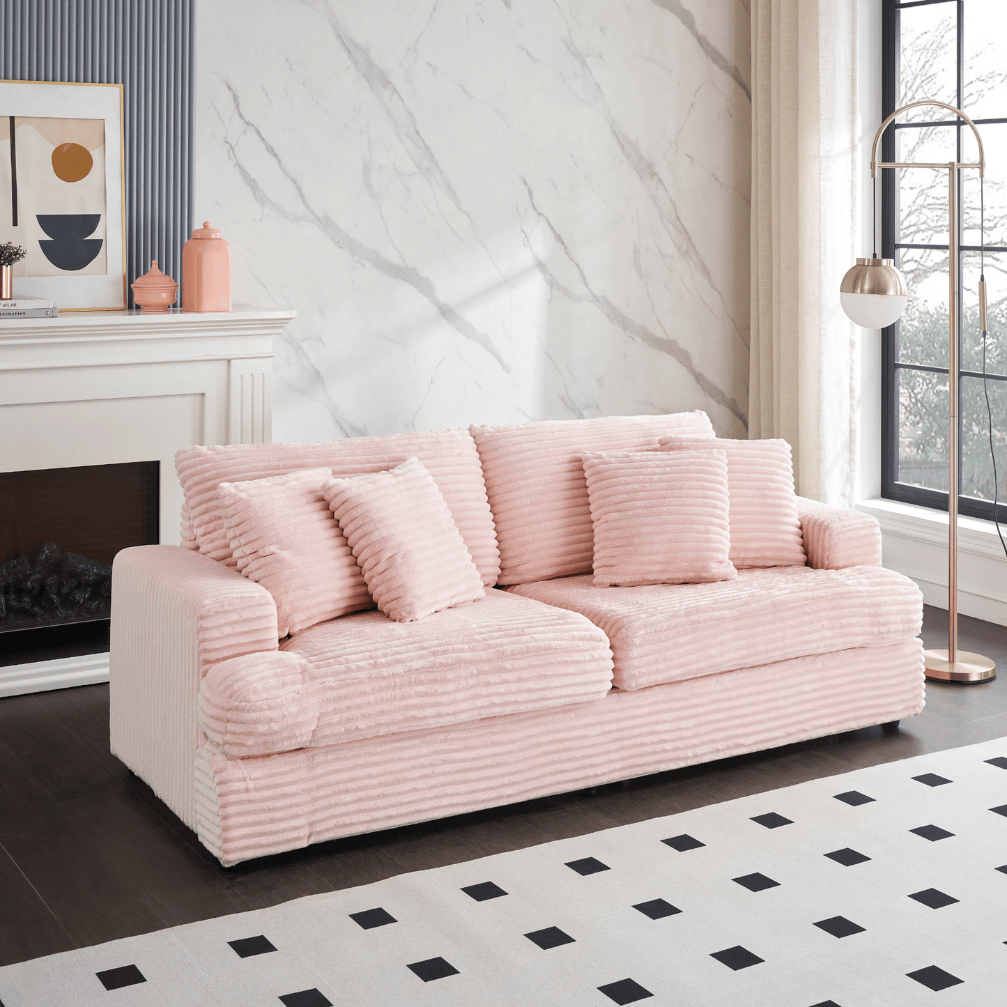 Spacious 79.3" Corduroy Sofa - 3 Seater with 4 Matching Toss Pillows, Modern Design, Comfortable Couch for Living Room - Pink - CurtisJ Designs