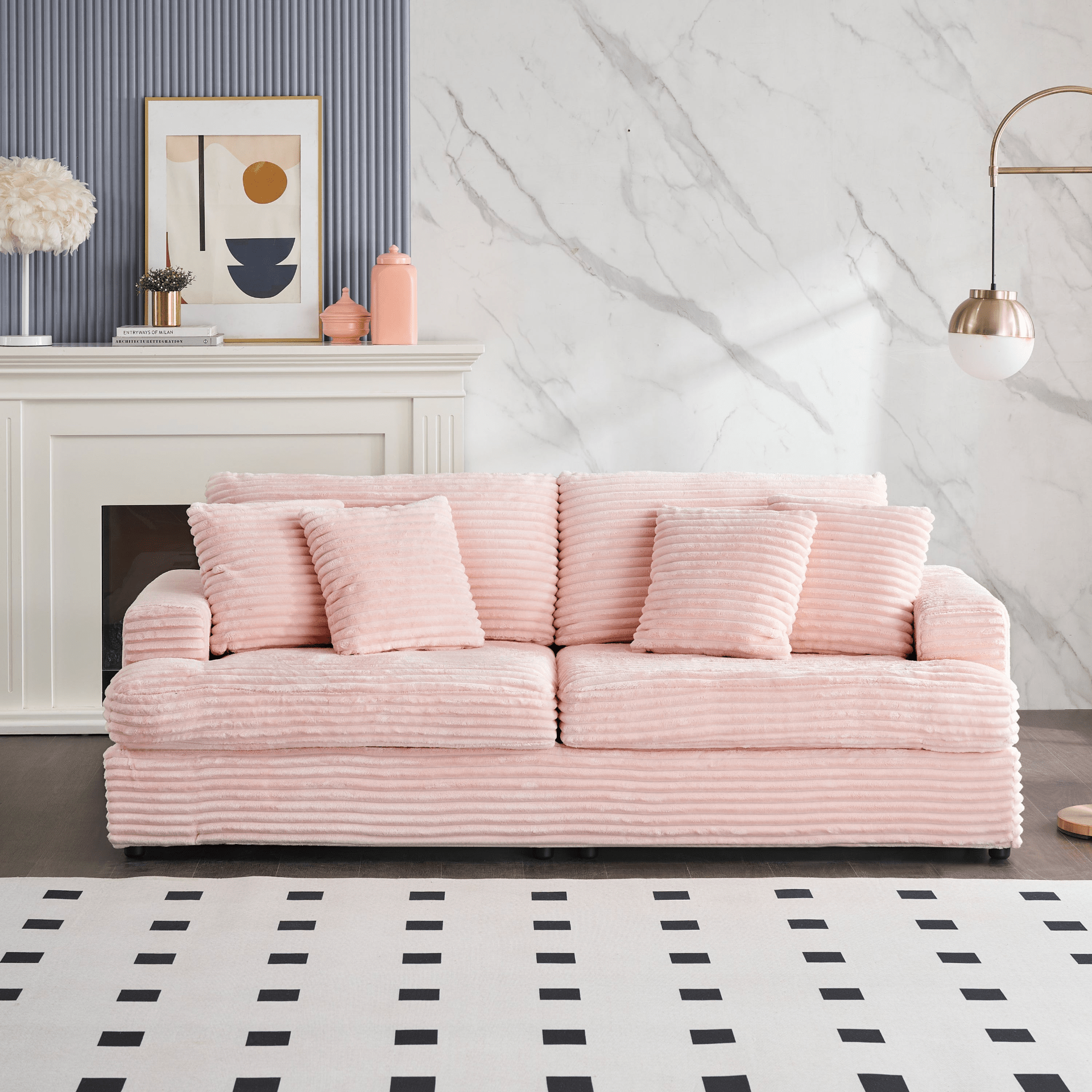 Spacious 79.3" Corduroy Sofa - 3 Seater with 4 Matching Toss Pillows, Modern Design, Comfortable Couch for Living Room - Pink - CurtisJ Designs