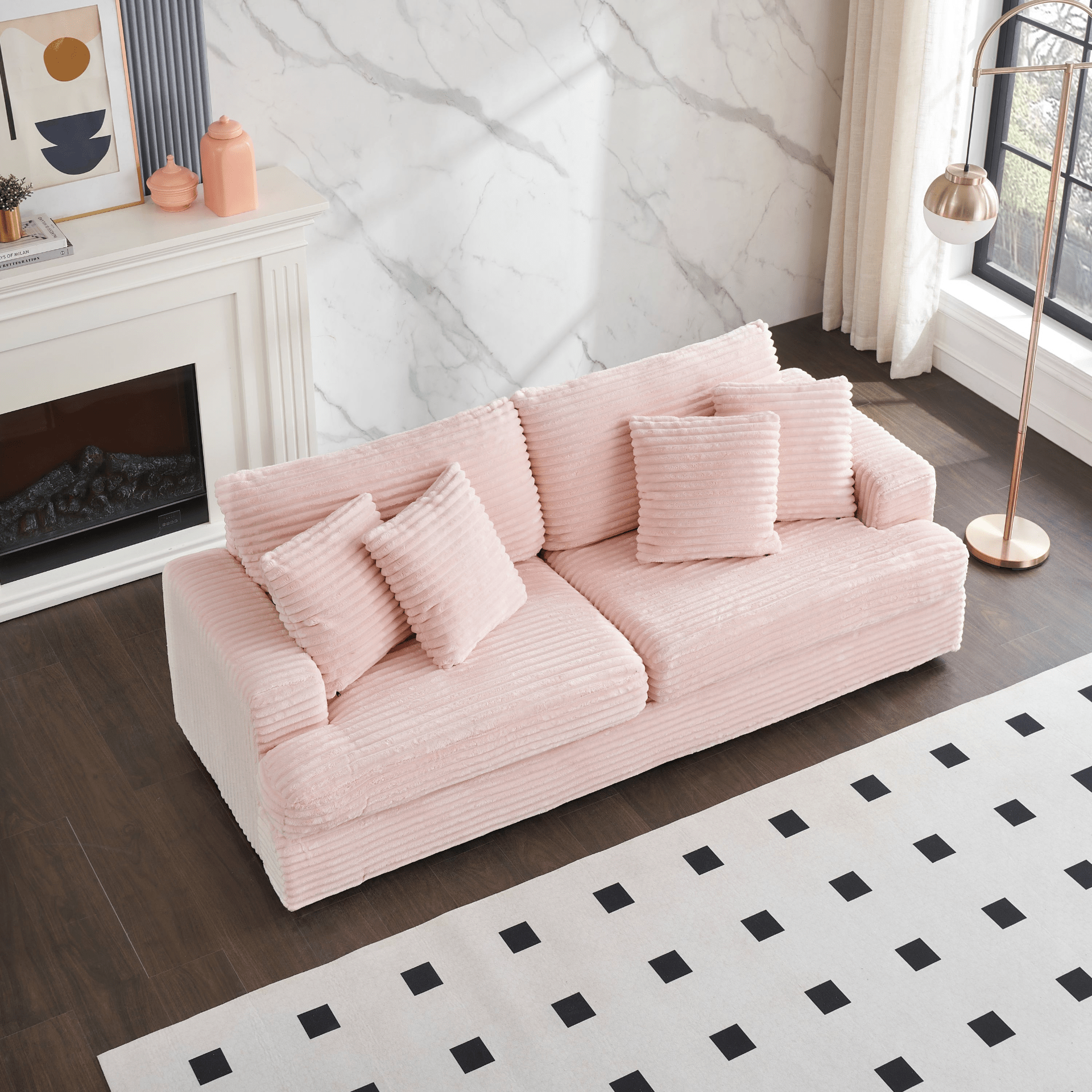 Spacious 79.3" Corduroy Sofa - 3 Seater with 4 Matching Toss Pillows, Modern Design, Comfortable Couch for Living Room - Pink - CurtisJ Designs