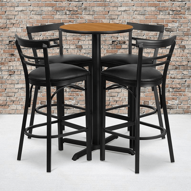 Stylish 24'' Natural Table Set with 4 Two - Slat Metal Barstools & Black Vinyl Seats - Perfect for Home & Commercial Use - CurtisJ Designs