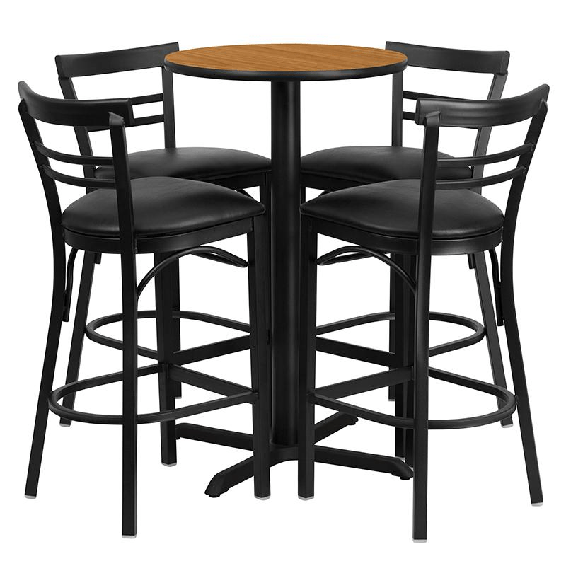 Stylish 24'' Natural Table Set with 4 Two - Slat Metal Barstools & Black Vinyl Seats - Perfect for Home & Commercial Use - CurtisJ Designs