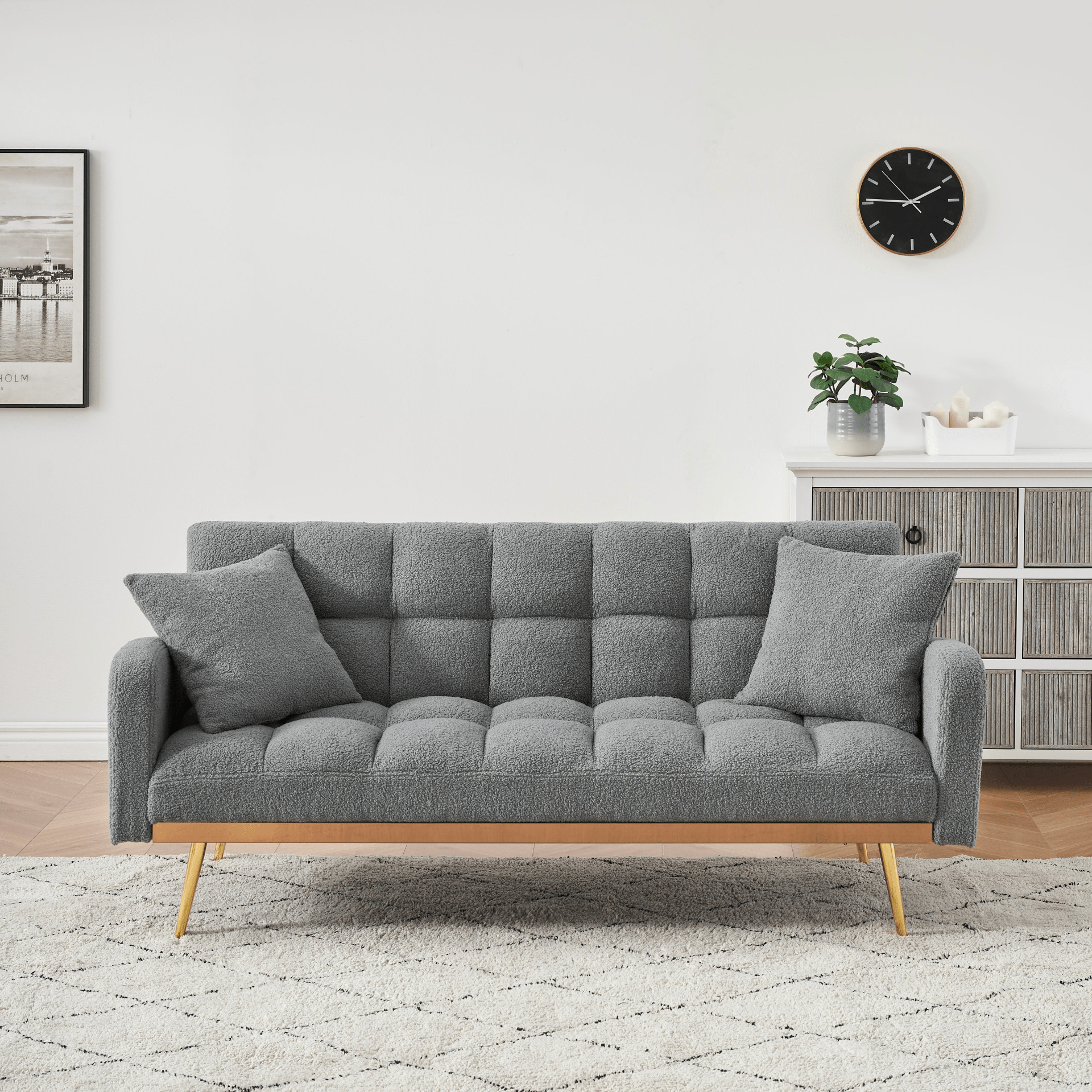 Stylish 69 - Inch Grey Sofa Bed with Adjustable Design & Teddy Fleece – Includes 2 Throw Pillows for Ultimate Comfort - CurtisJ Designs